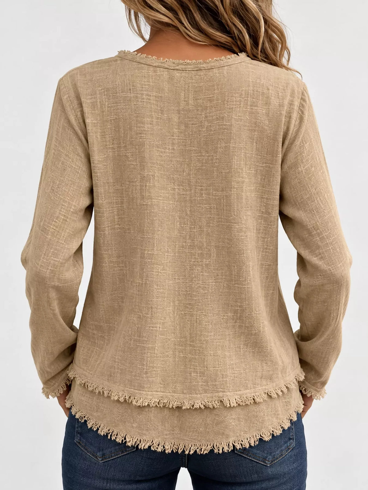 Frayed V-neck blouse, beige back