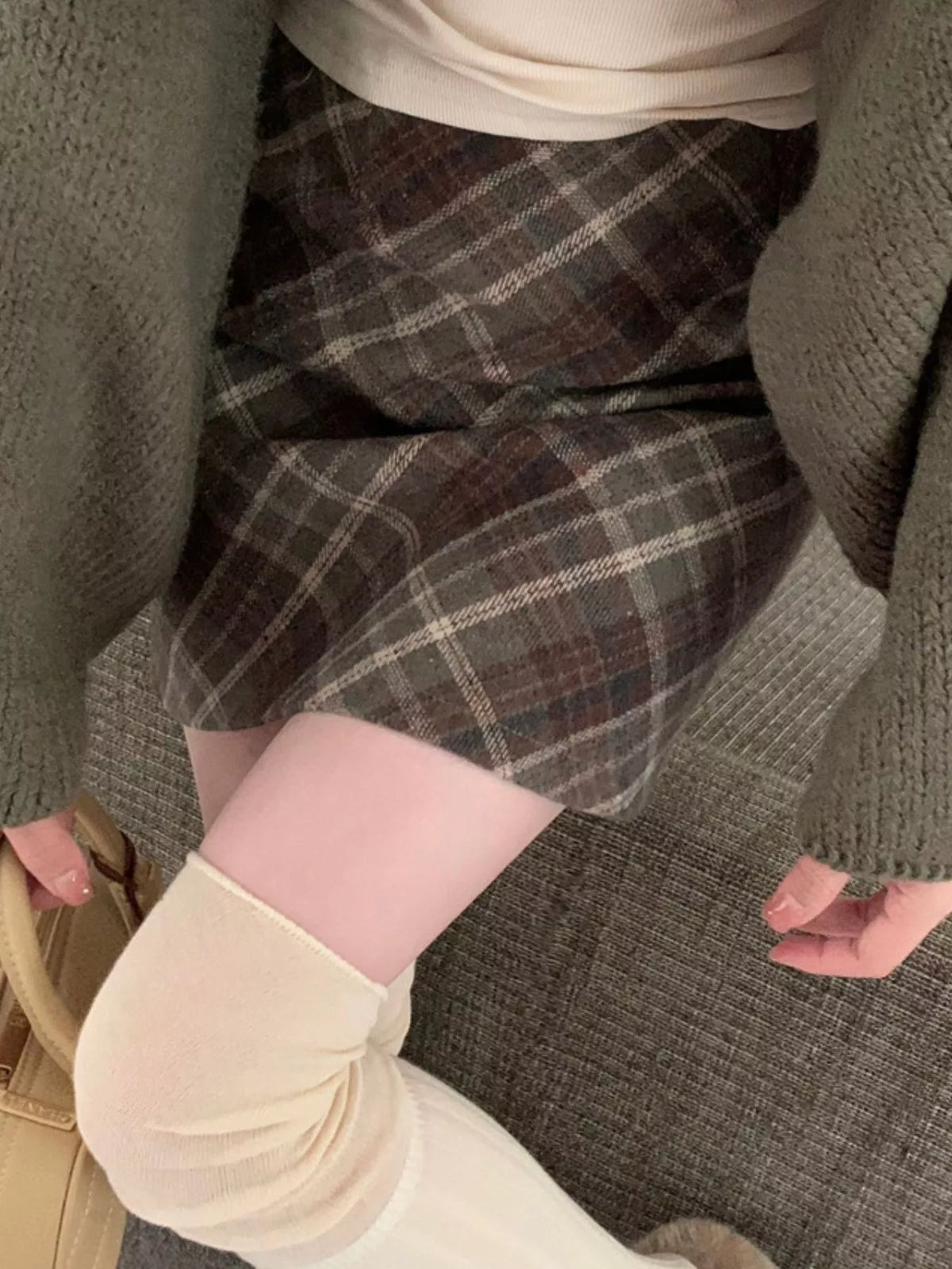 Coffee vintage plaid a-line mini skirt