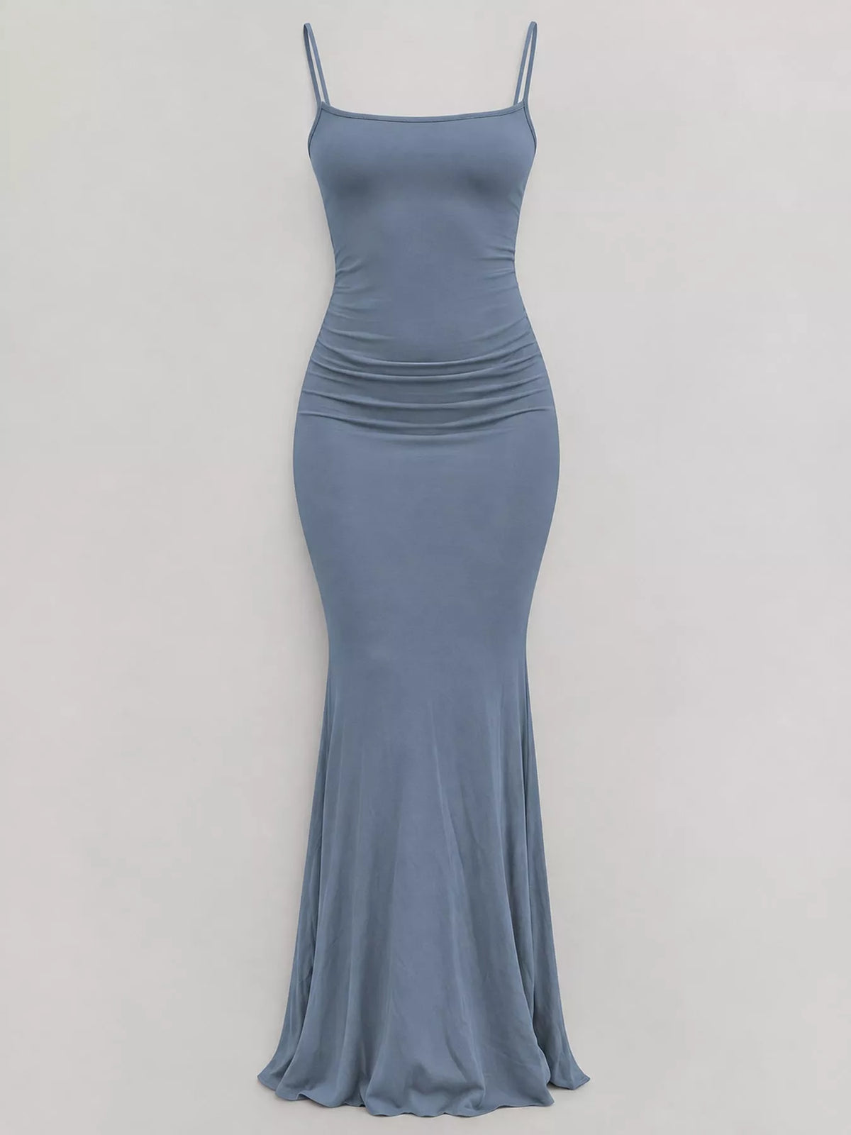 Blue-gray bodycon spaghetti strap maxi dress, front view