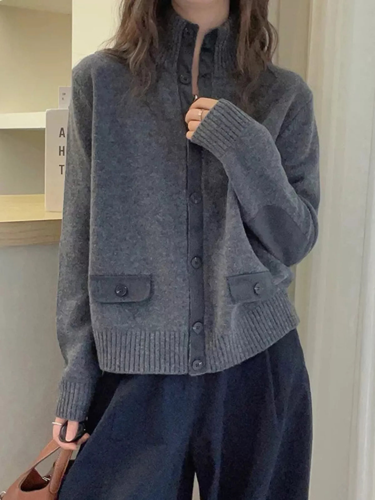 Ribbed-Knit Mock Neck Cardigan in gray, front view