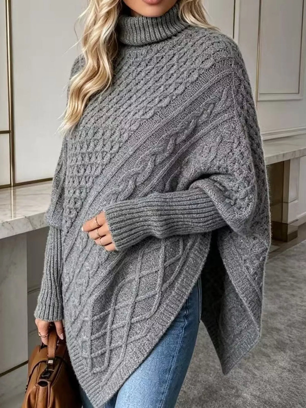 Turtleneck Cable Knit Sweater in gray
