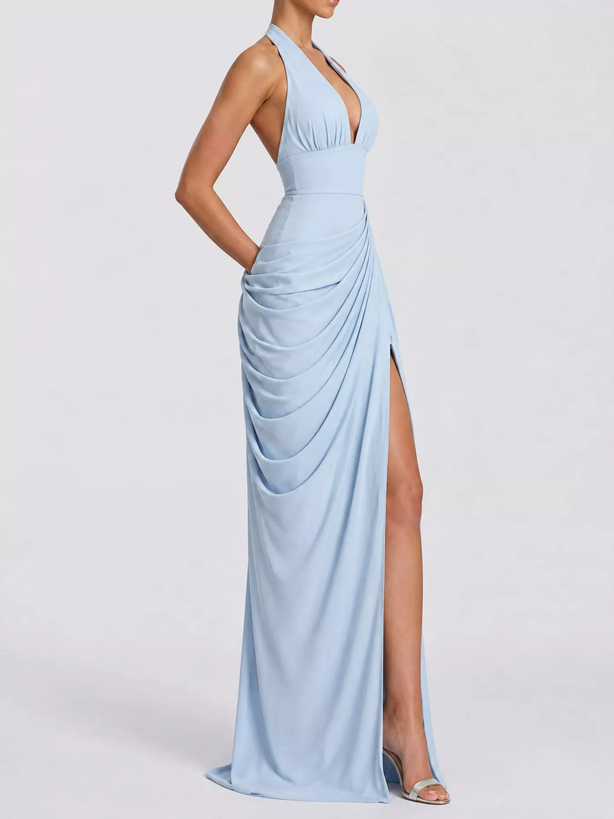 Light blue halter neck high-slit maxi evening dress — side view