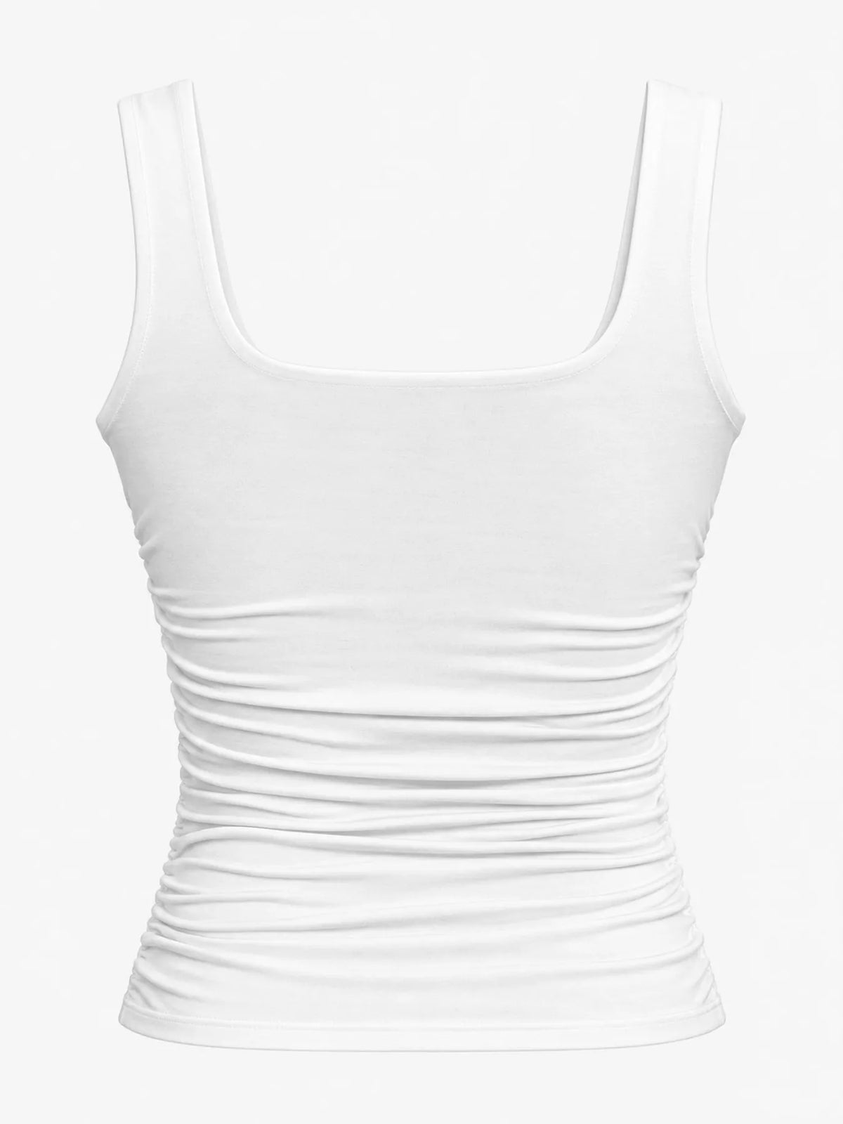 White square neck ruched slim fit tank top, back view