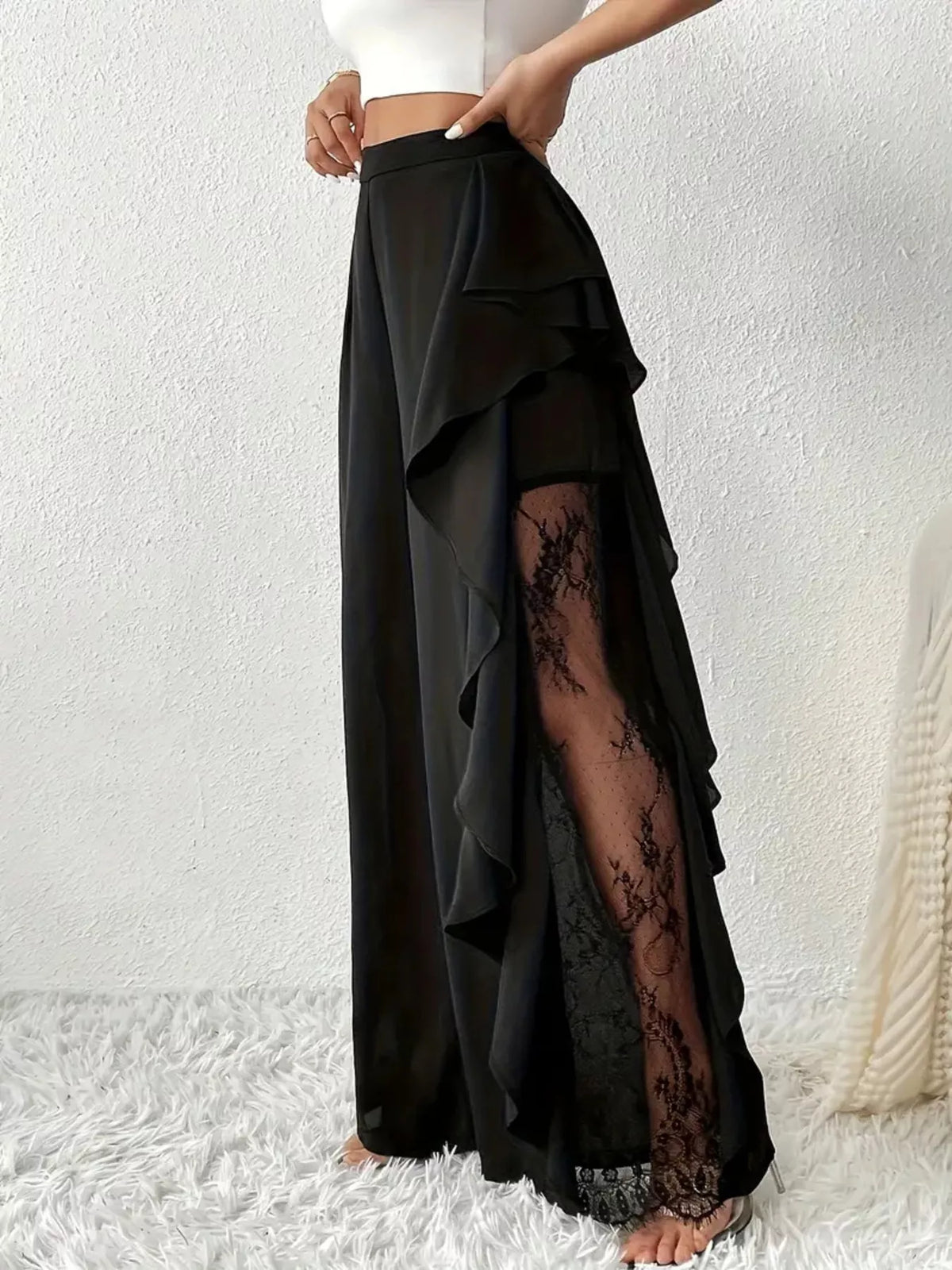 Black Ruffled Wide-Leg Pants with Lace Trim ruffle and lace-panel detail