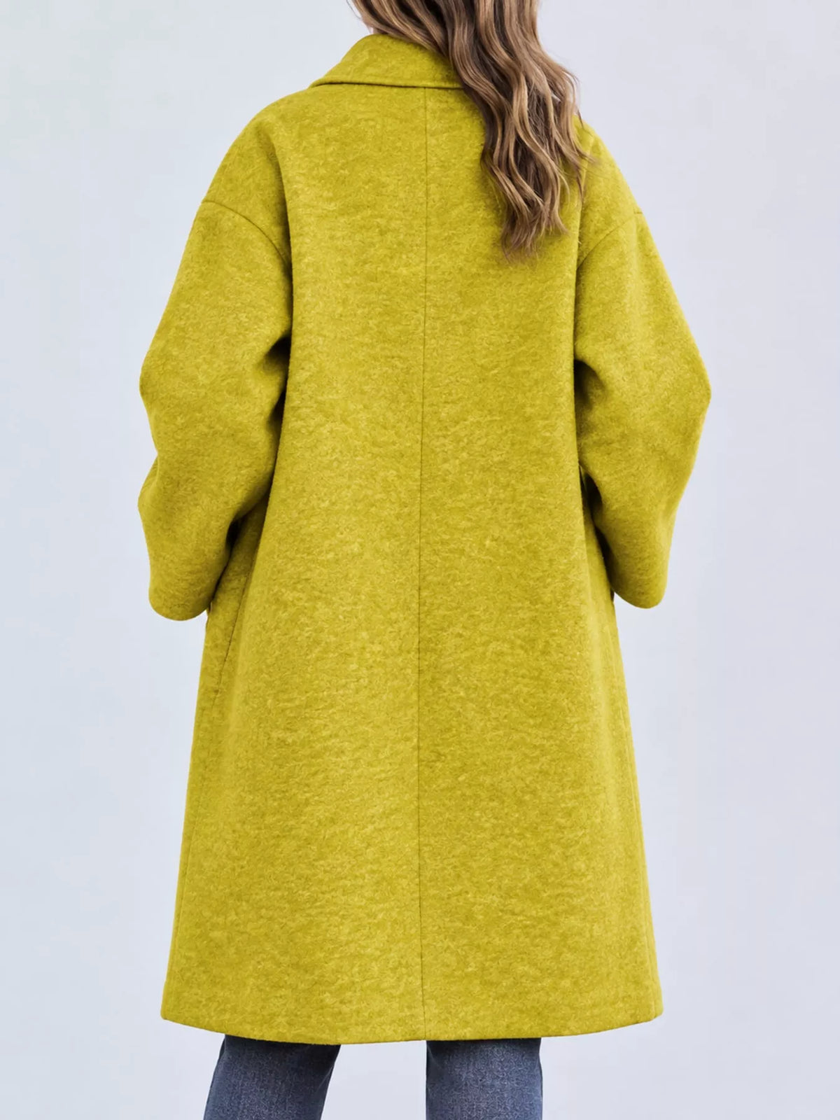 Yellow lapel collar one button coat, back view