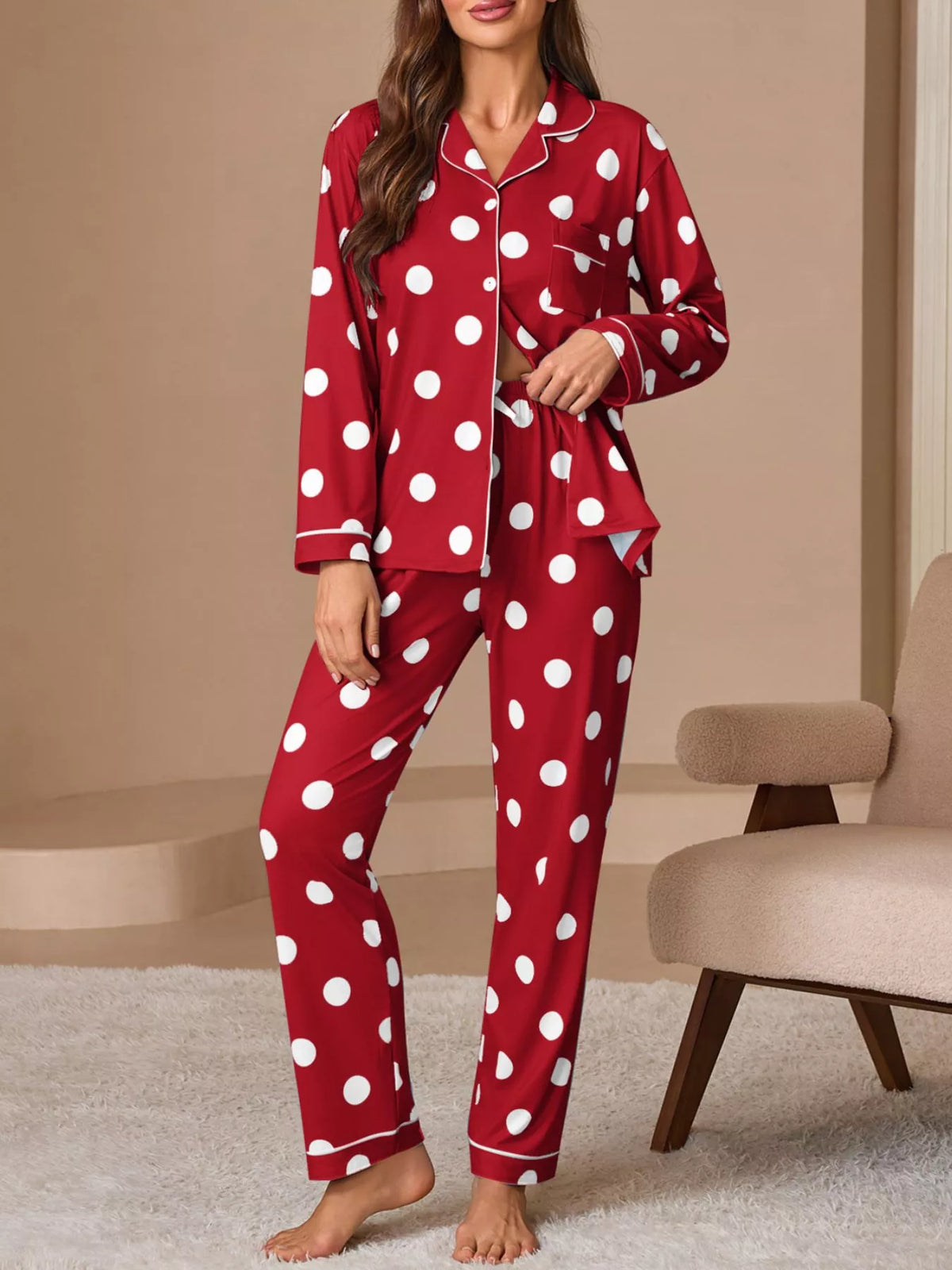 Trendsi Polka Dot Button-Down Top and Pants Lounge Set -