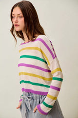 Trendsi SO ME Mardi Gras Color Stripe Lightweight Sweater Top -
