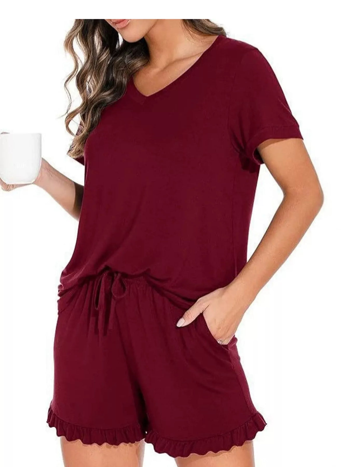 V-Neck Short Sleeve Lounge Set — front view