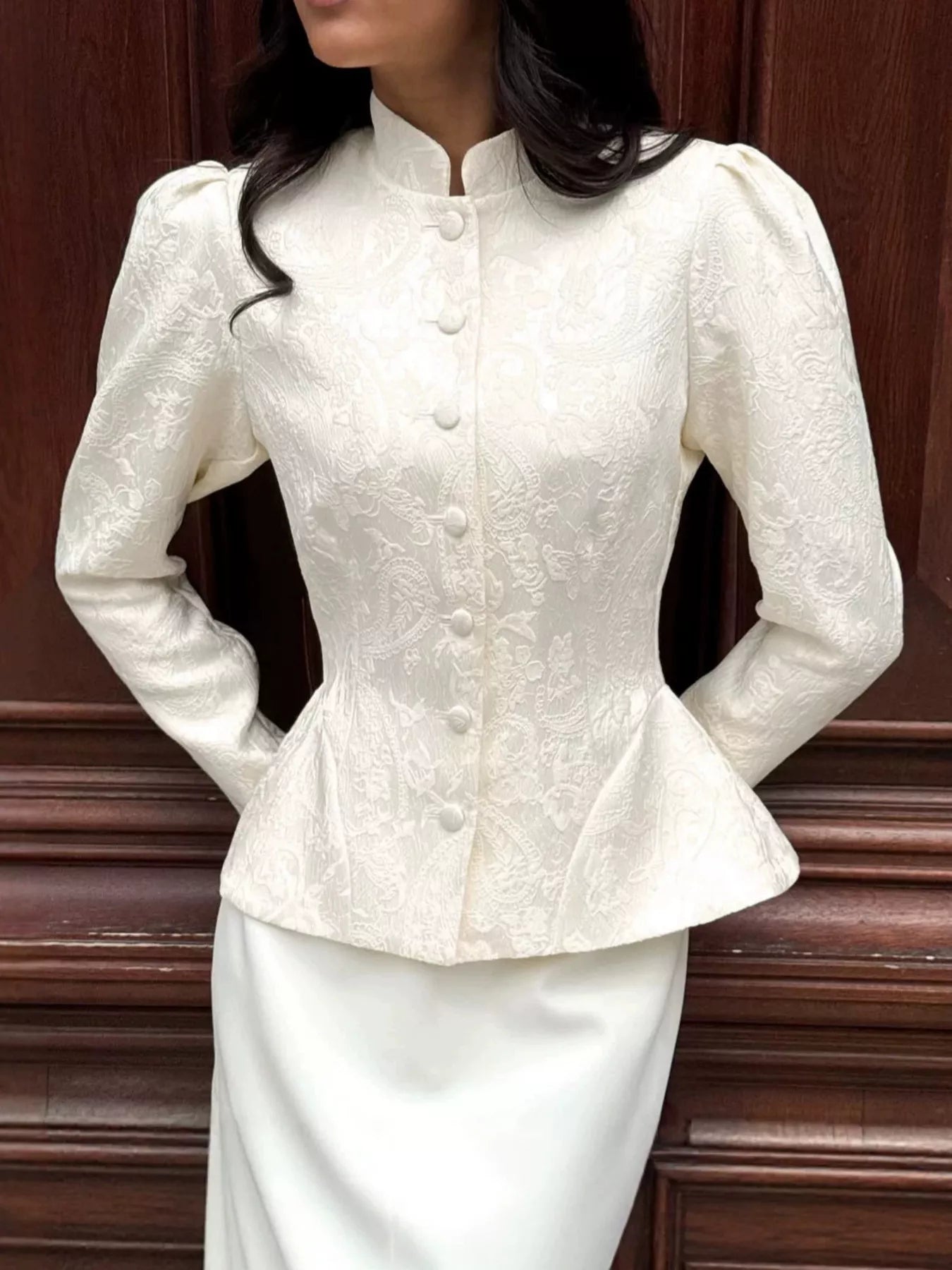 Trendsi Jacquard Peplum Puff Sleeve Outerwear -