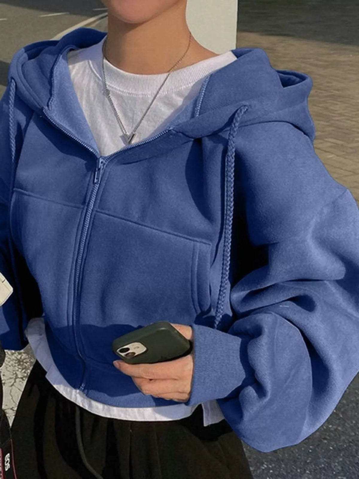 Royal Blue oversized zip-up cropped hoodie