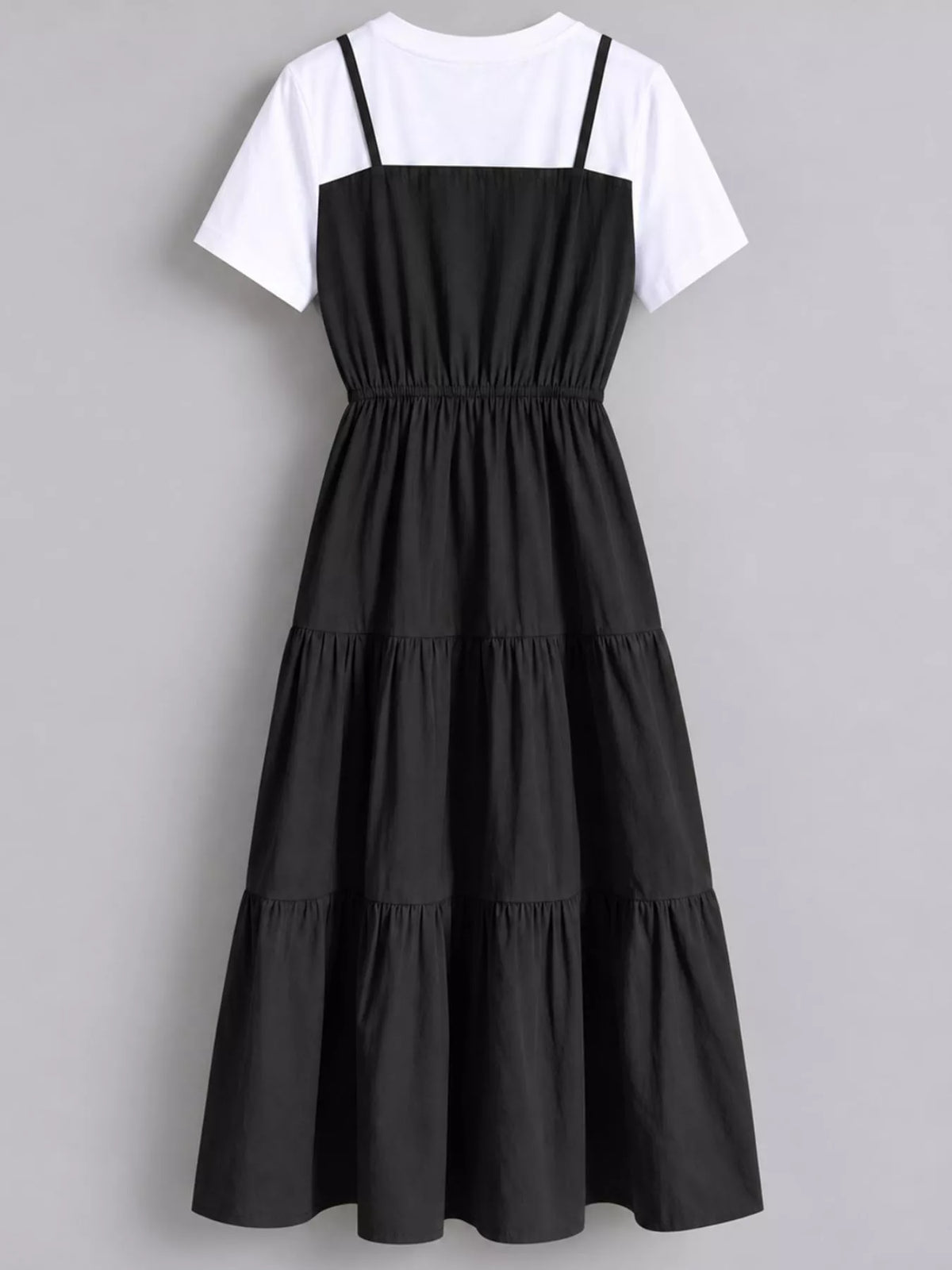 Tiered Layered Look Midi Dress, back view in black and white
