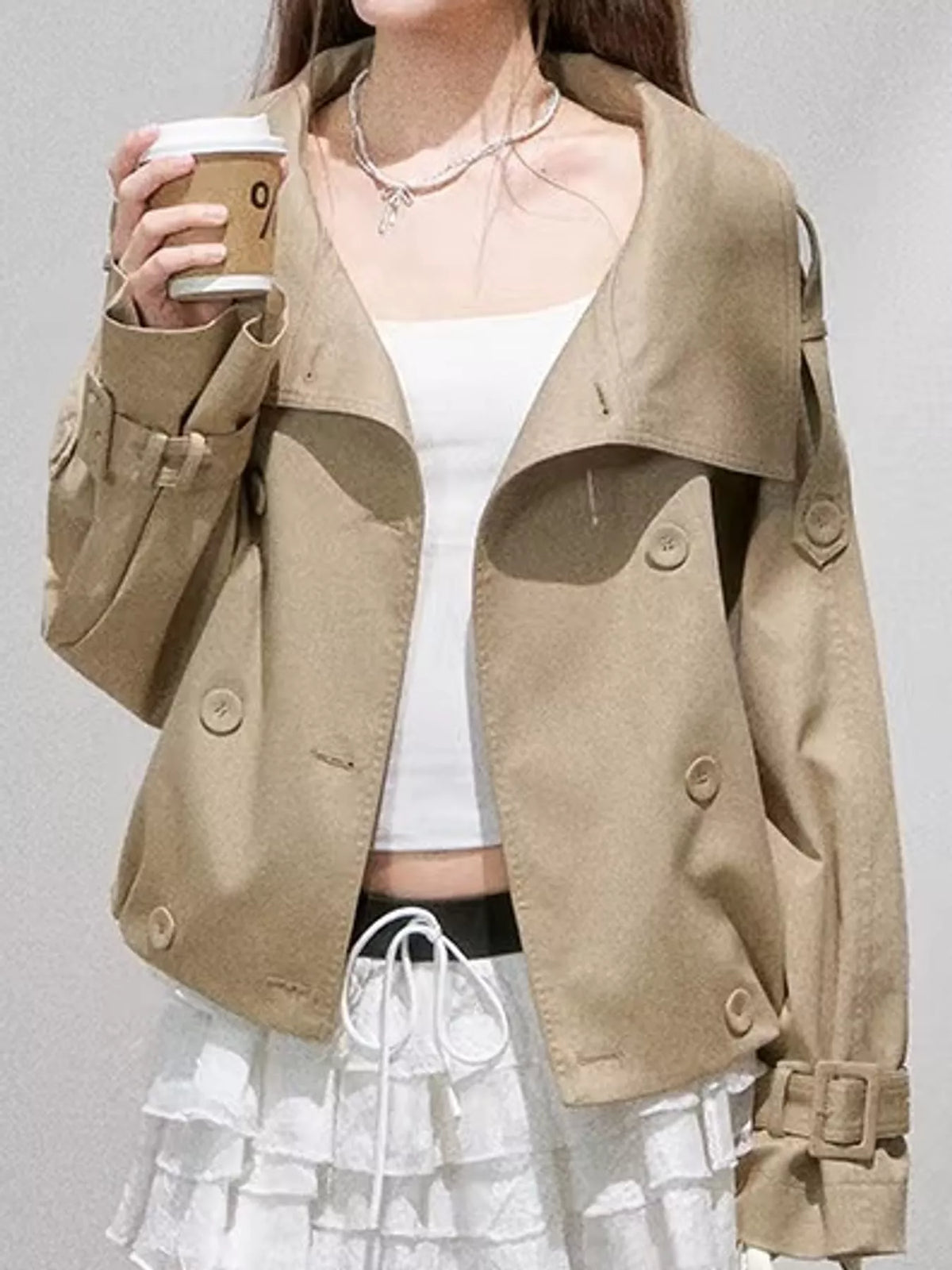 Khaki double-breasted stand collar cropped trench jacket