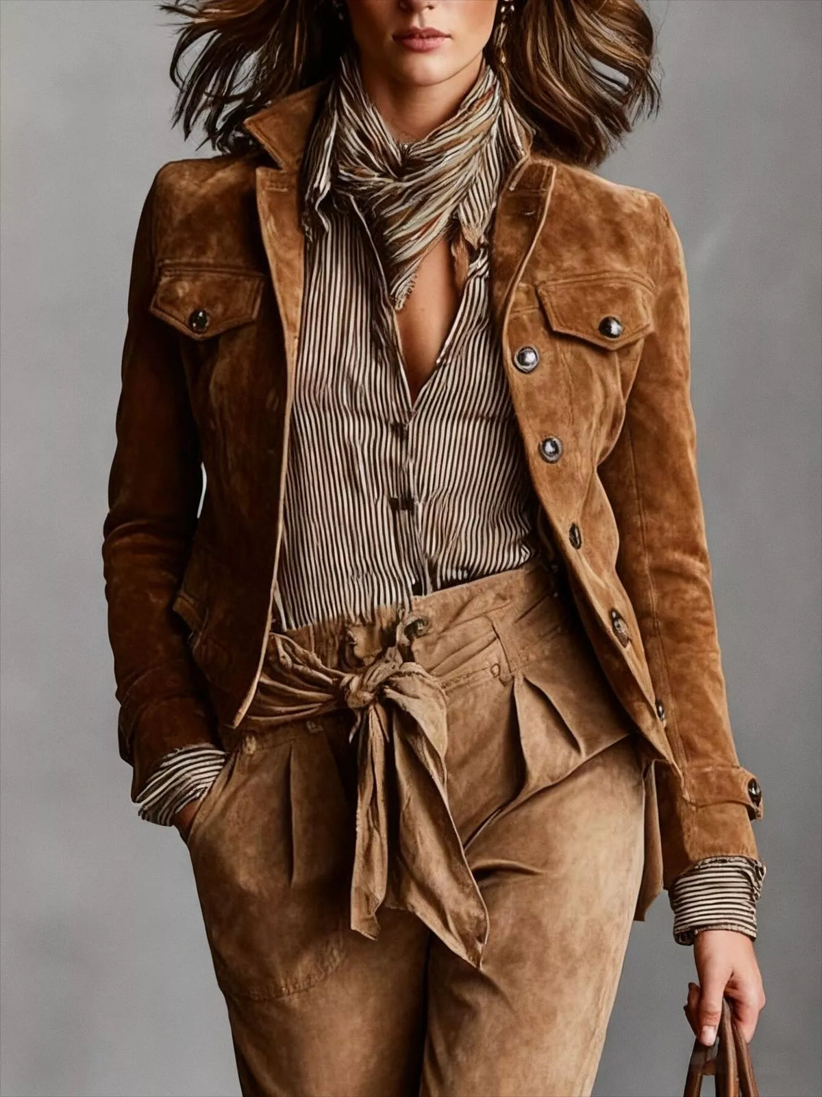 Brown faux-suede button-front utility blazer, full front view.