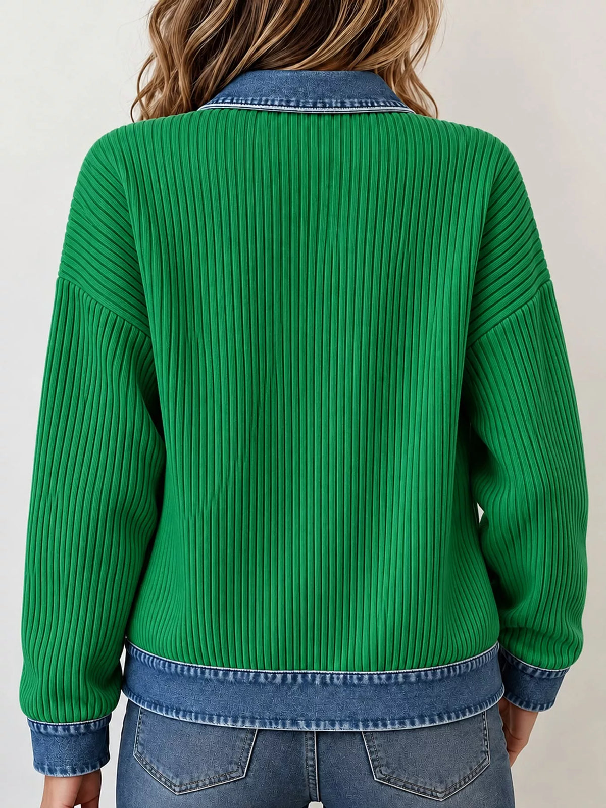 Green denim-collar ribbed knit zip-up jacket — back view