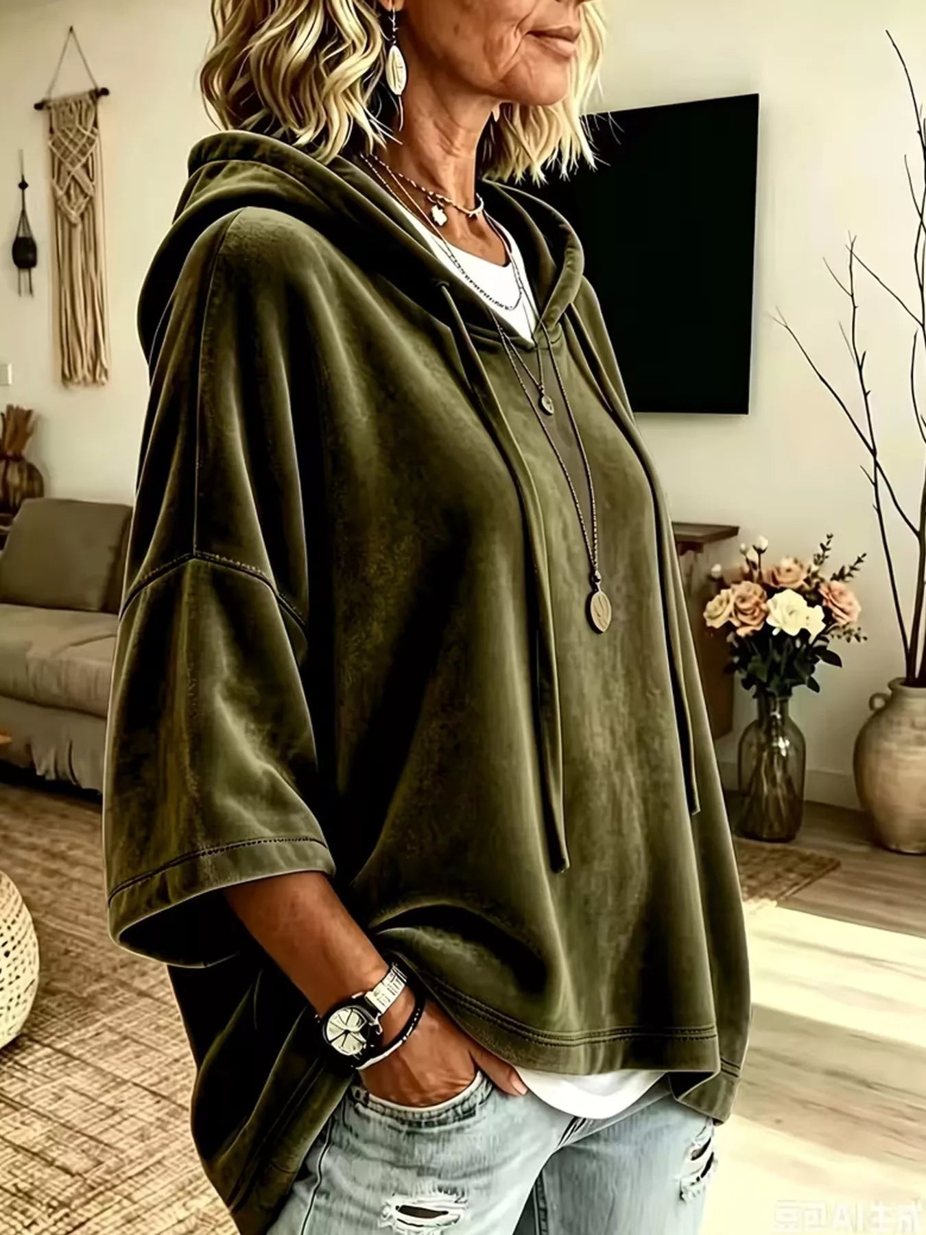 Trendsi Velvet Loose Fit Hoodie with Drawstring -