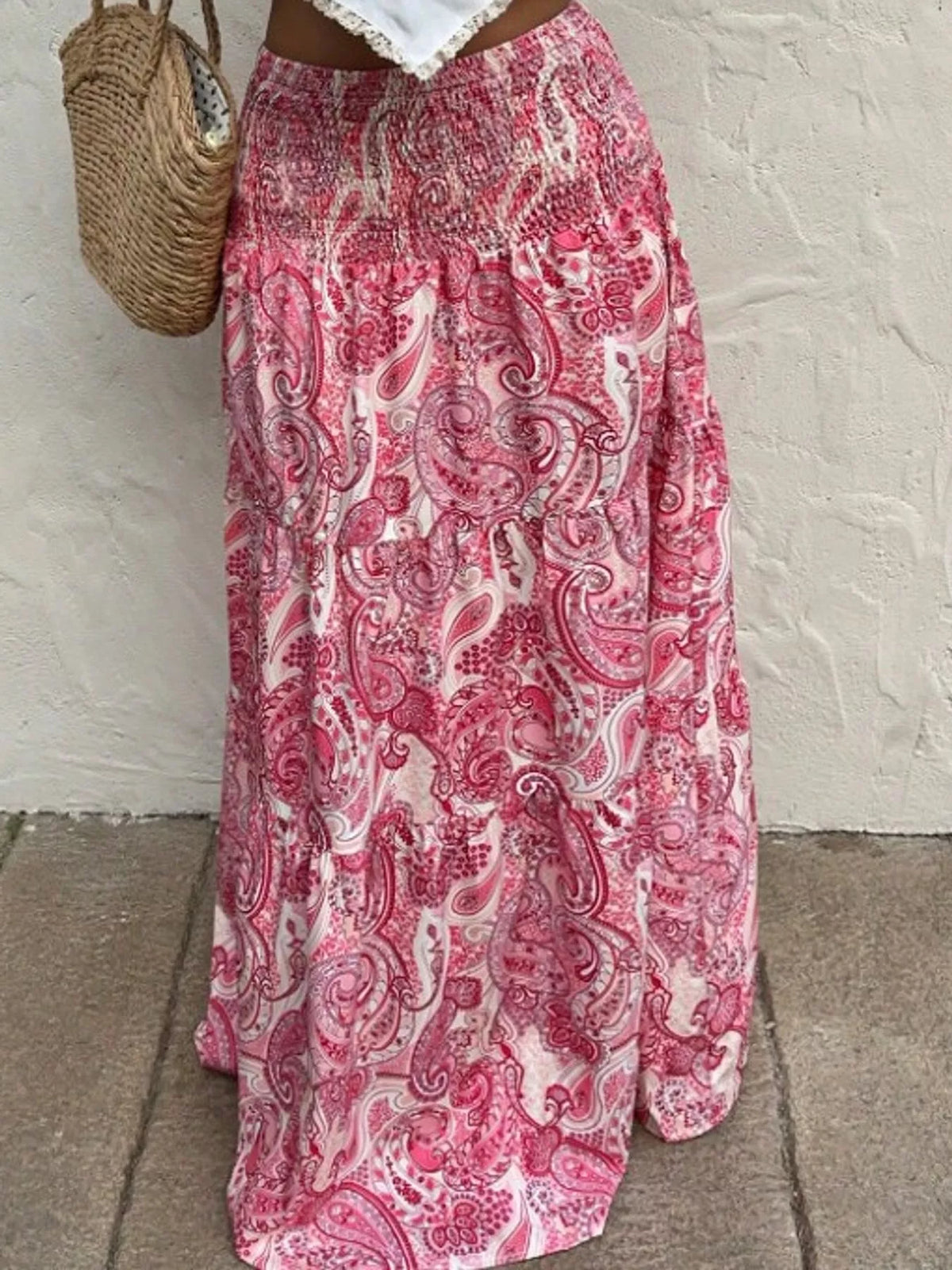 Women's Paisley Print Tiered Maxi Skirt in pink — front view