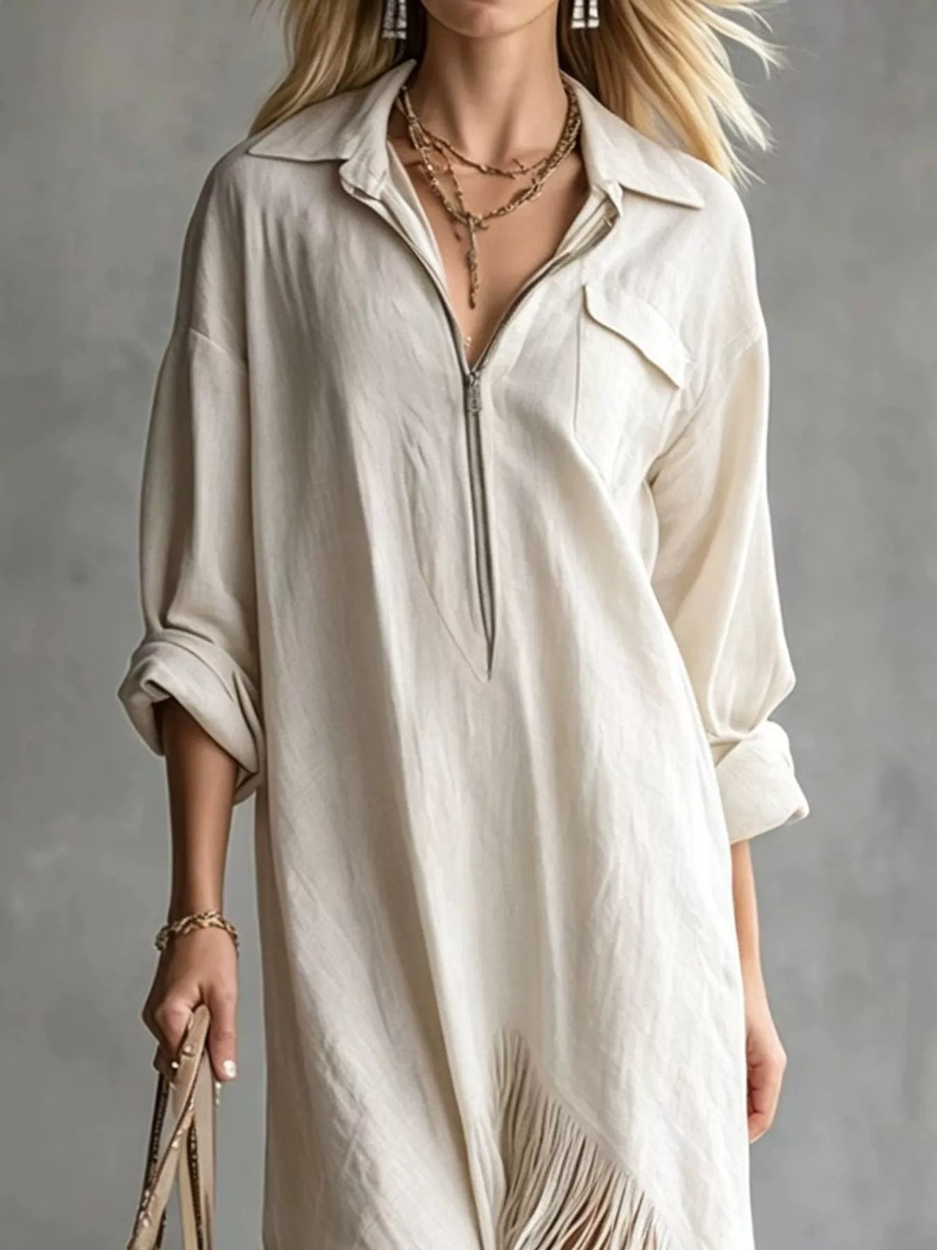 Trendsi Fringe Hem Zip-Up Shirt Dress -