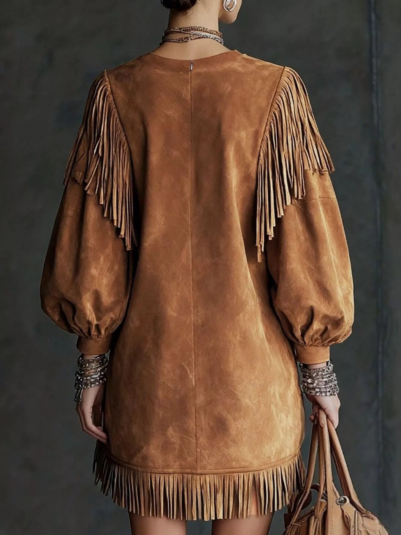 Trendsi Fringe Detail Lantern Sleeve Mini Dress -