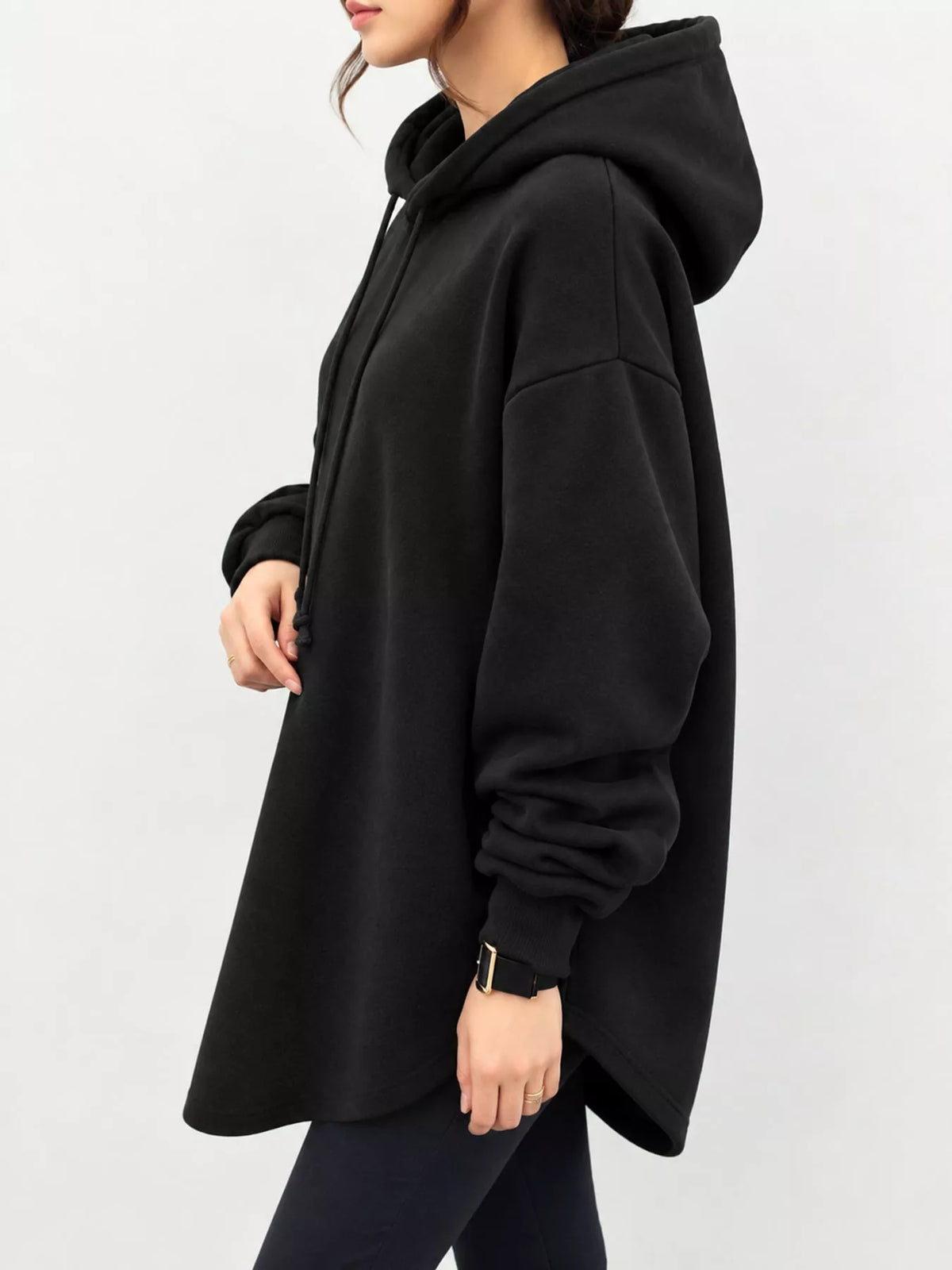 Black drawstring hoodie, side view