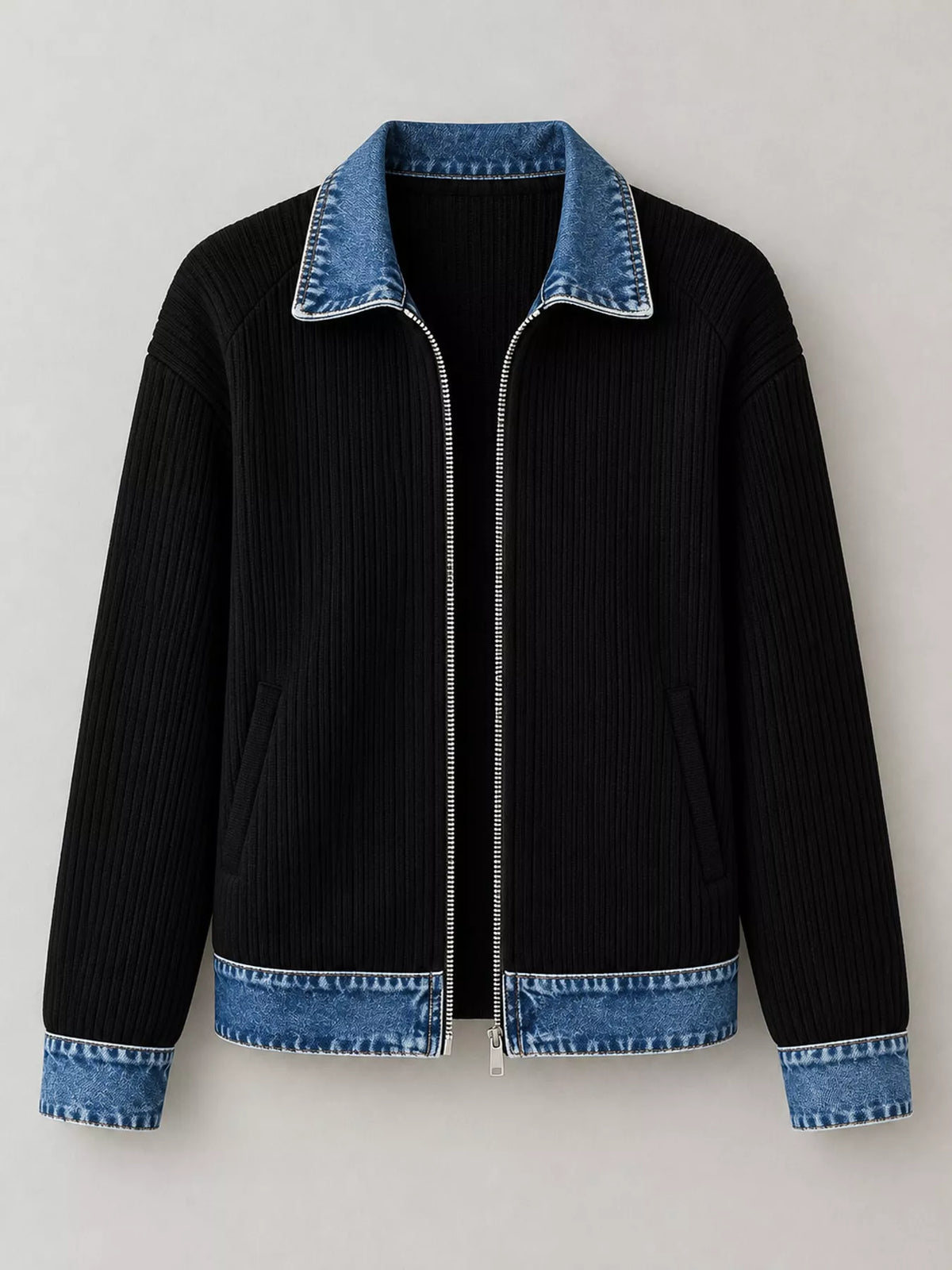 Black denim-collar ribbed knit zip-up jacket — front view