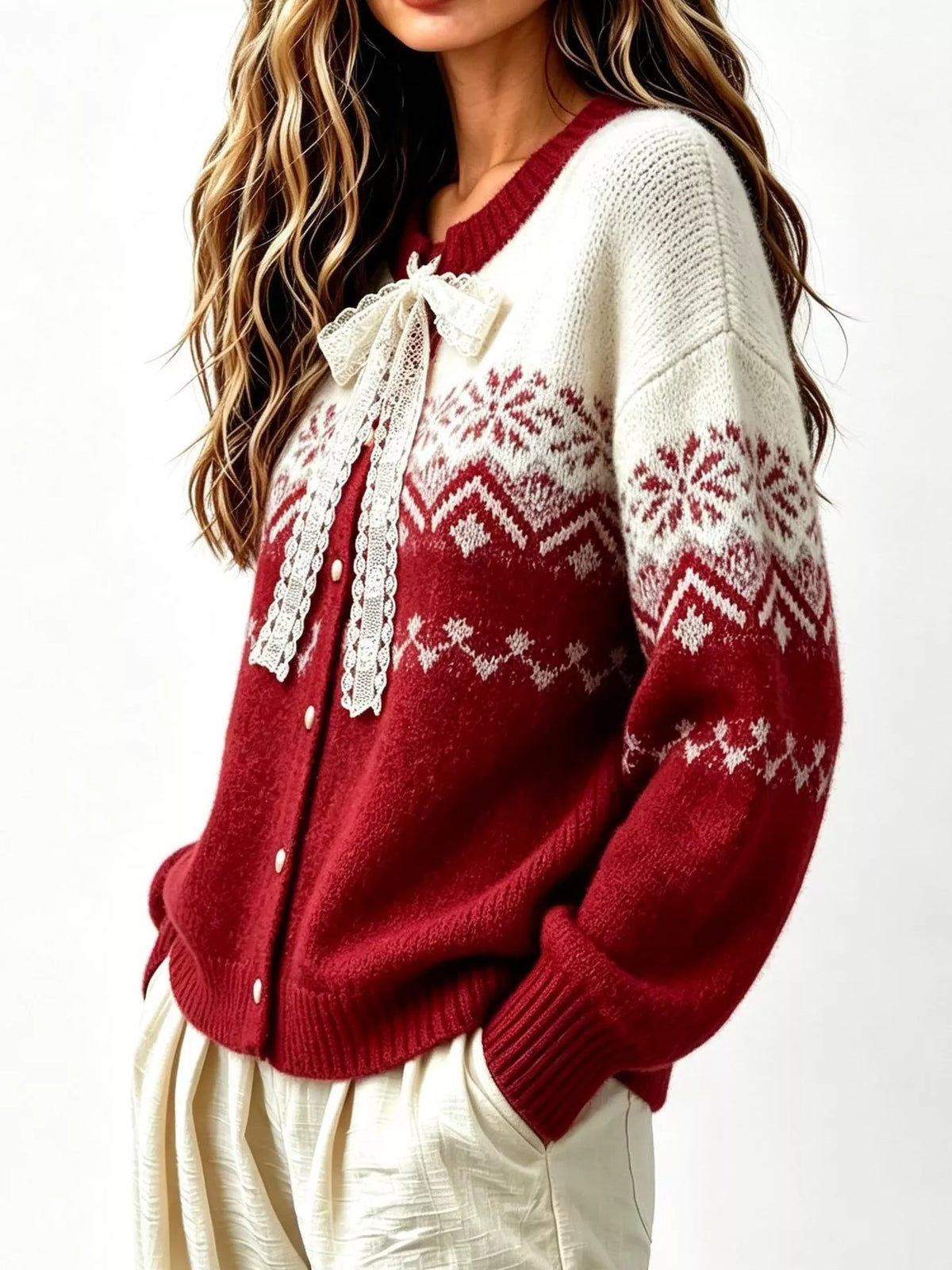 Red and cream lace tie button-up cardigan, side view