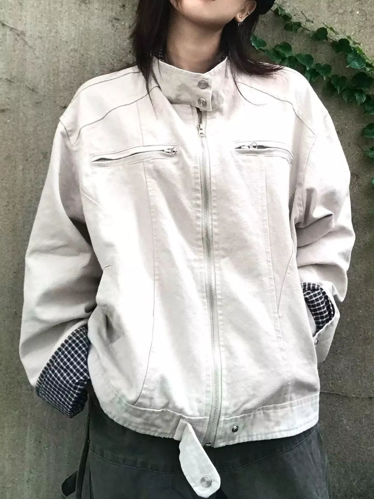 Cream contrast plaid cuffs zip-up jacket — front view
