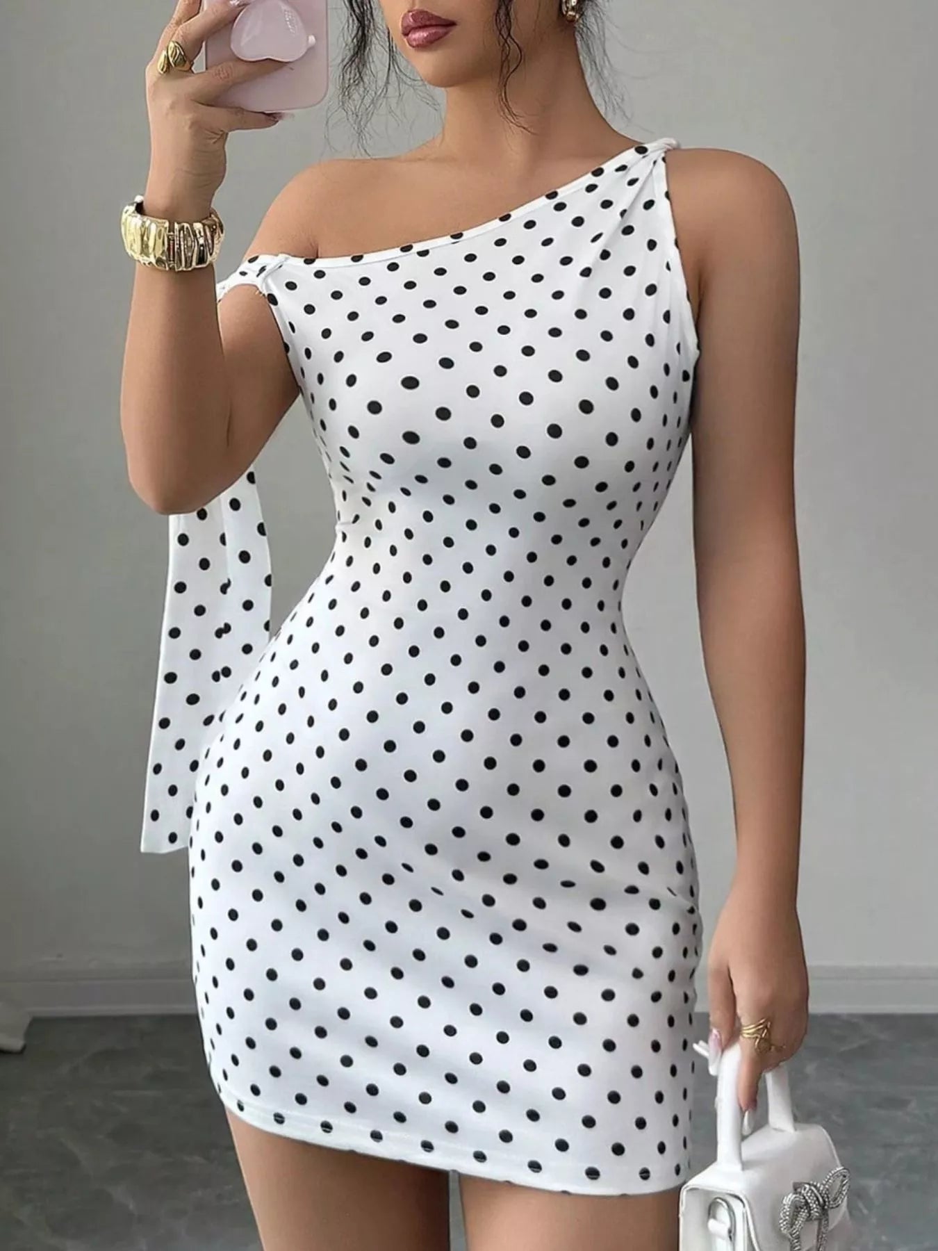 Trendsi One-Shoulder Polka Dot Bodycon Mini Dress -