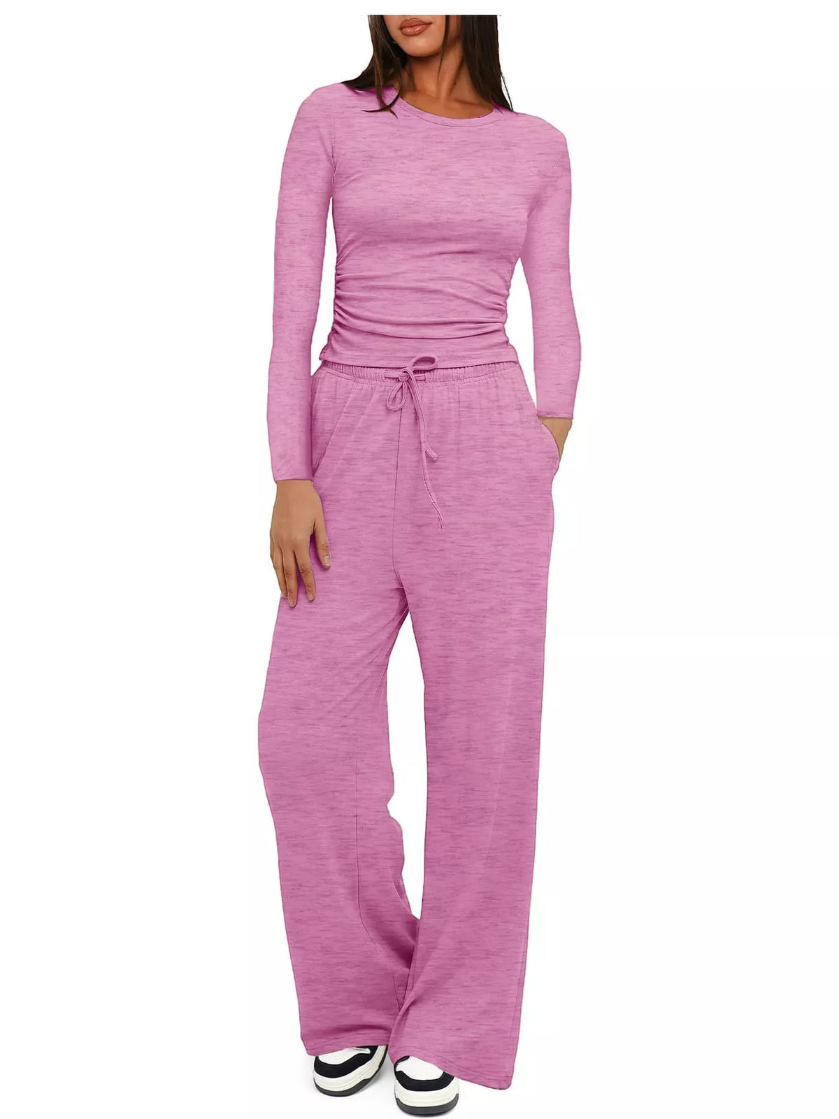 Long Sleeve Ruched Top and Wide-Leg Drawstring Pants Set — front view