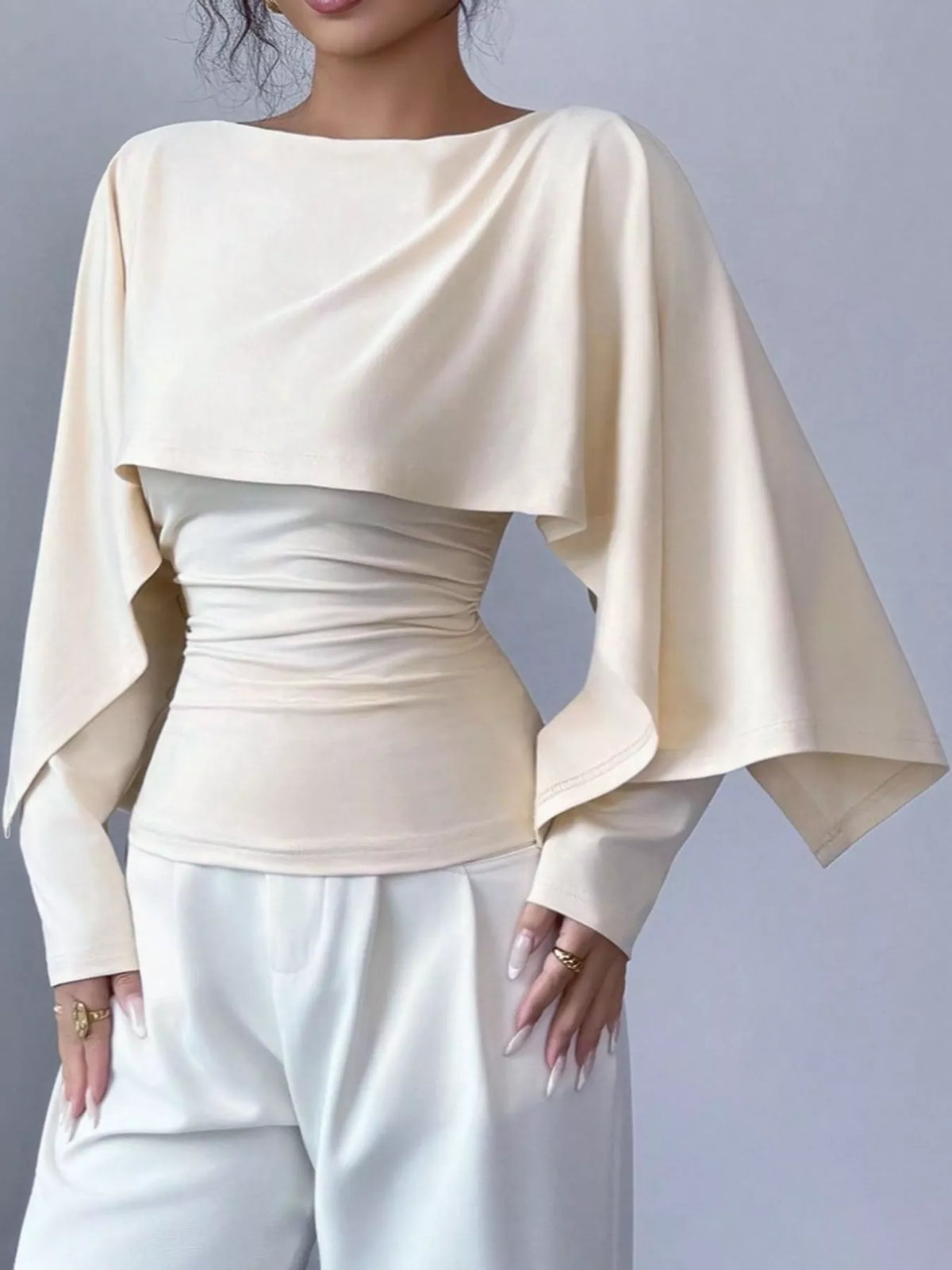 Layered Cape-Style Blouse with Slim-Fit Bodice — front view