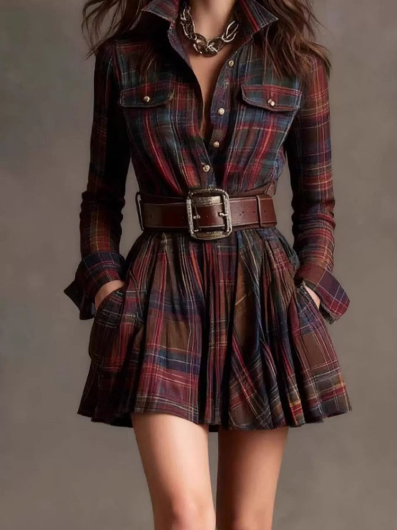 Trendsi Plaid Long Sleeve Shirt Dress -