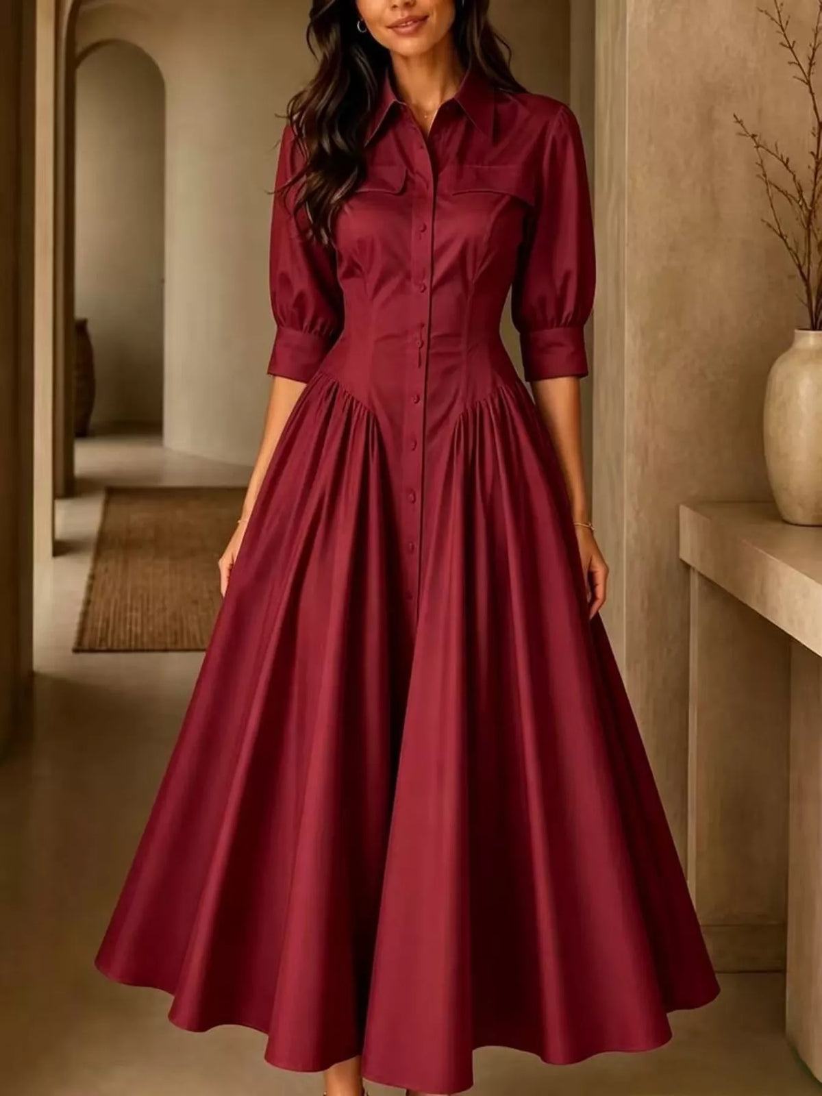 Button-Down Shirt Dress with Cinched Waist, front view