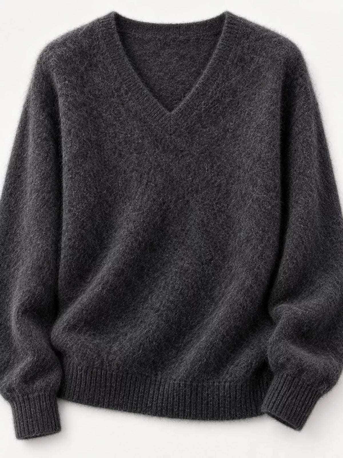 Gray v-neck sweater, flat front view showing V-neckline, ribbed cuffs, and hem