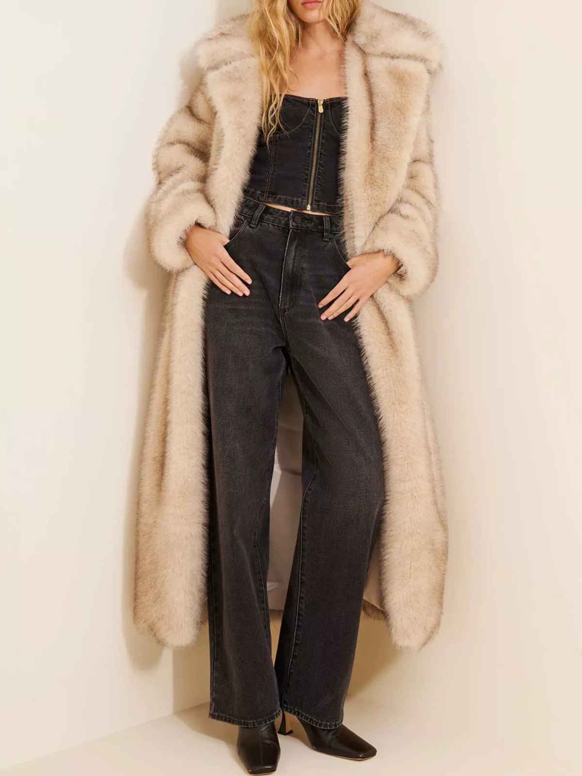 Lapel Collar Faux Fur Longline Coat with Pockets in light apricot