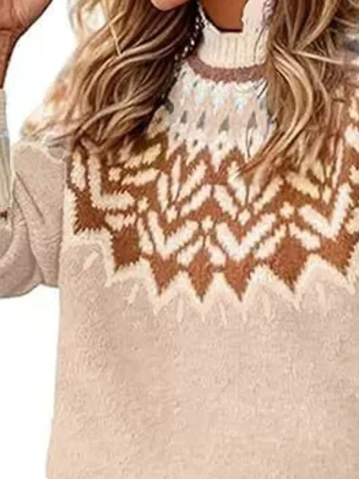 Fair Isle Patterned Long Sleeve Sweater in beige, pattern detail