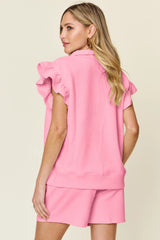 Trendsi Double Take Full Size Texture Flounce Sleeve Top and Drawstring Shorts Set -