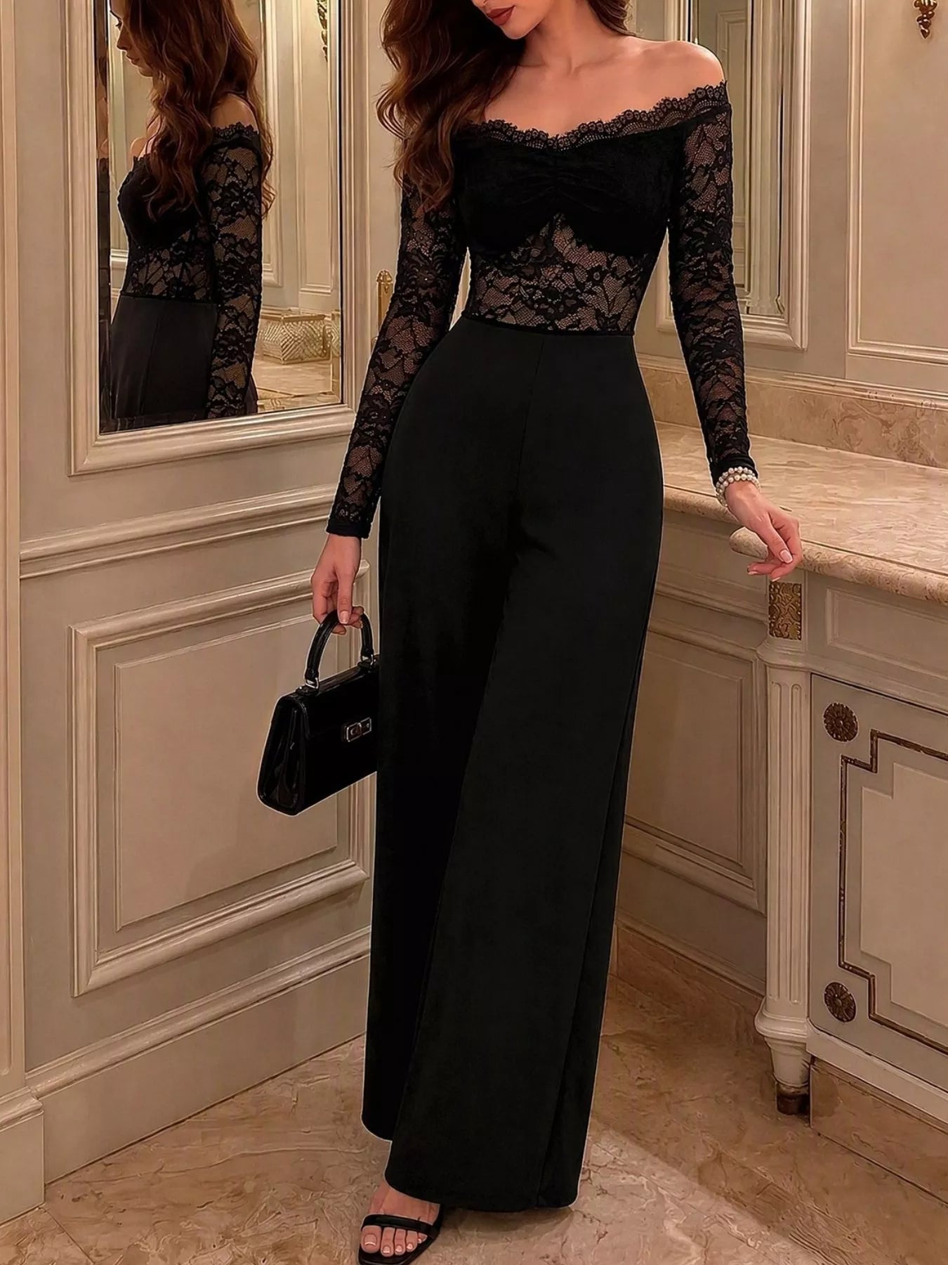 Trendsi Off-Shoulder Lace Long Sleeve Wide-Leg Jumpsuit -