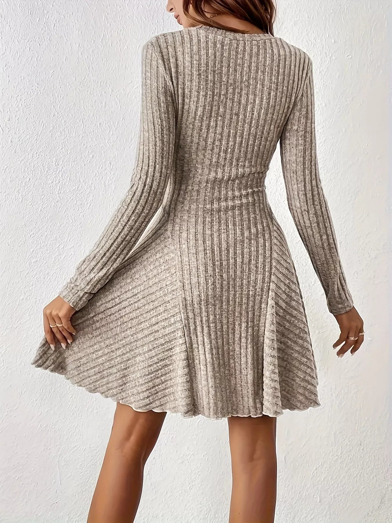Trendsi V-Neck Ribbed Knit Flared Knit Dress -