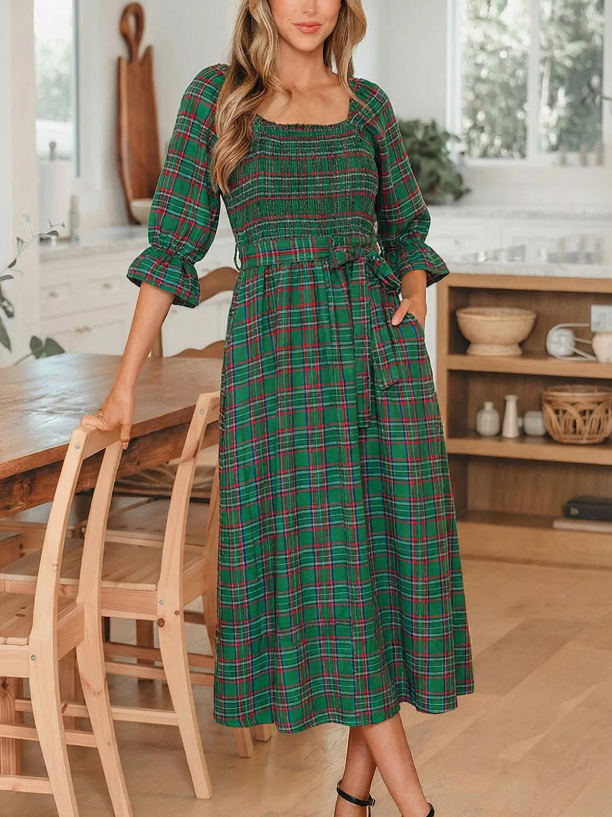 Dark Green plaid square neck puff sleeve tie-waist midi dress