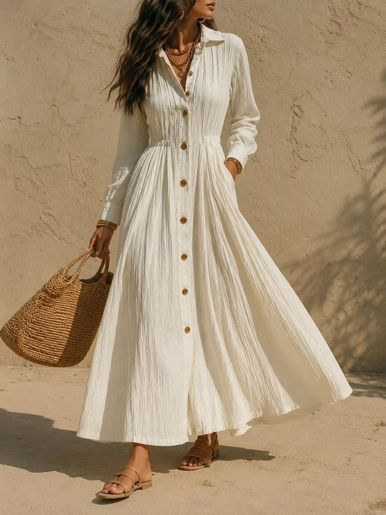 Trendsi Full Size Textured Button Front Long Sleeve Maxi Dress Plus Size -