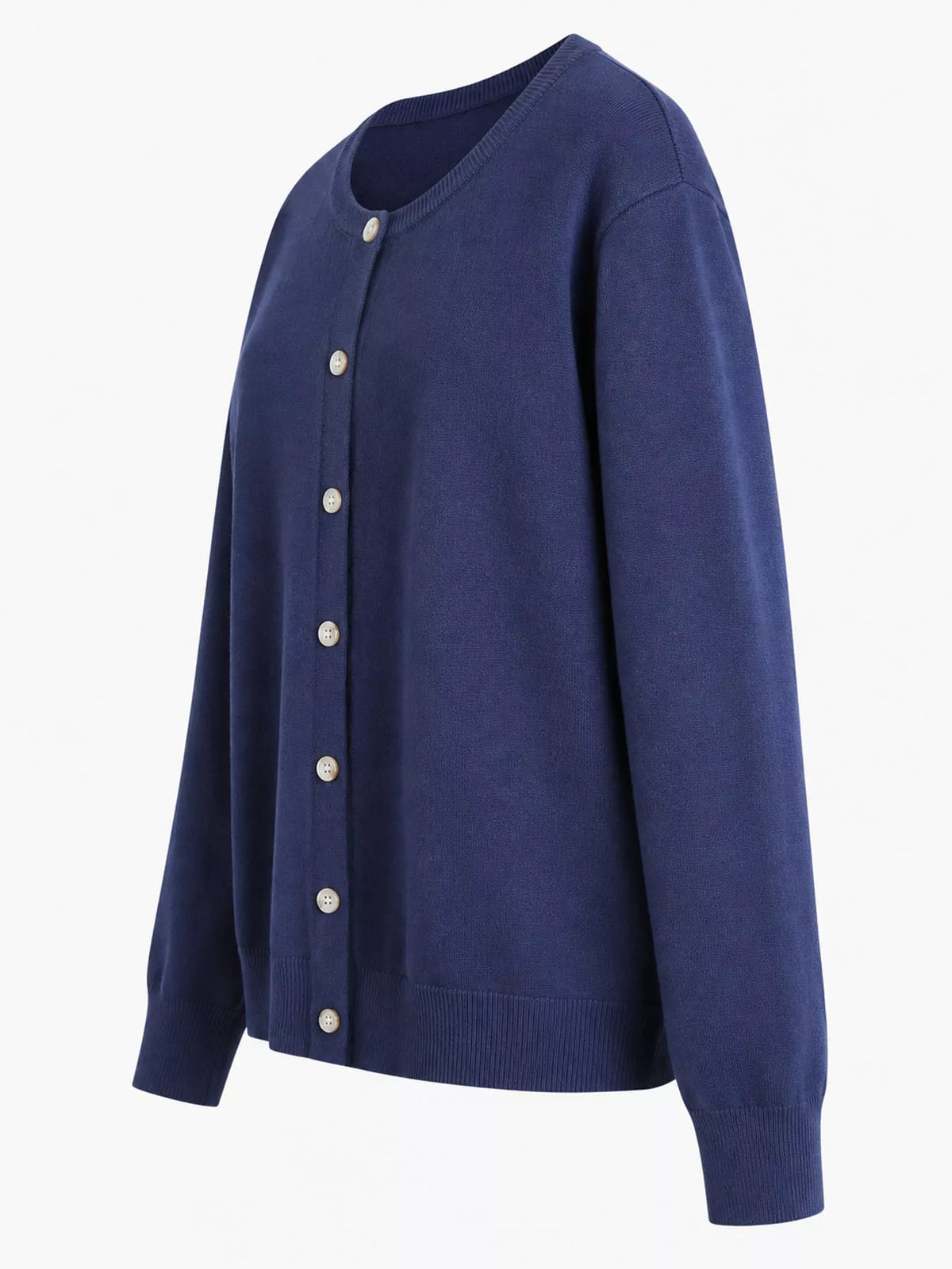 Navy blue crew neck button down knit cardigan, side view