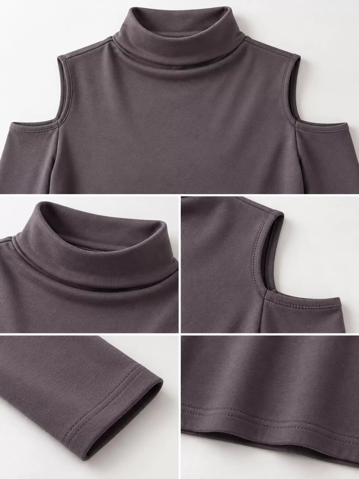 Gray mock neck cold-shoulder t-shirt, neckline, shoulder openings, sleeve hem, and fabric