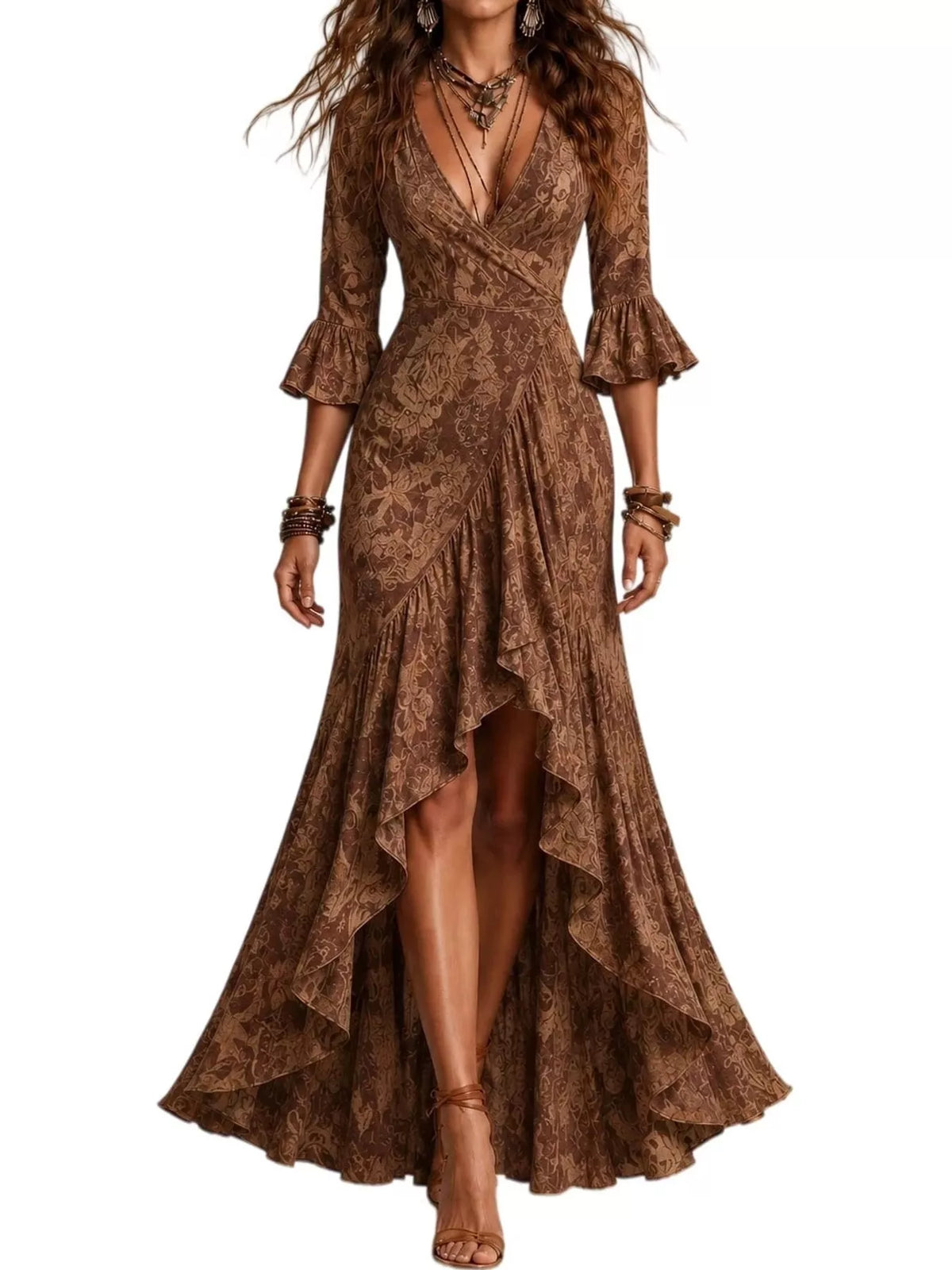 High-low maxi dress, brown front
