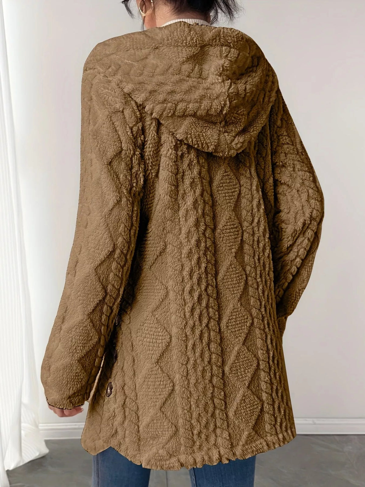Cable knit faux fur hooded jacket, back view