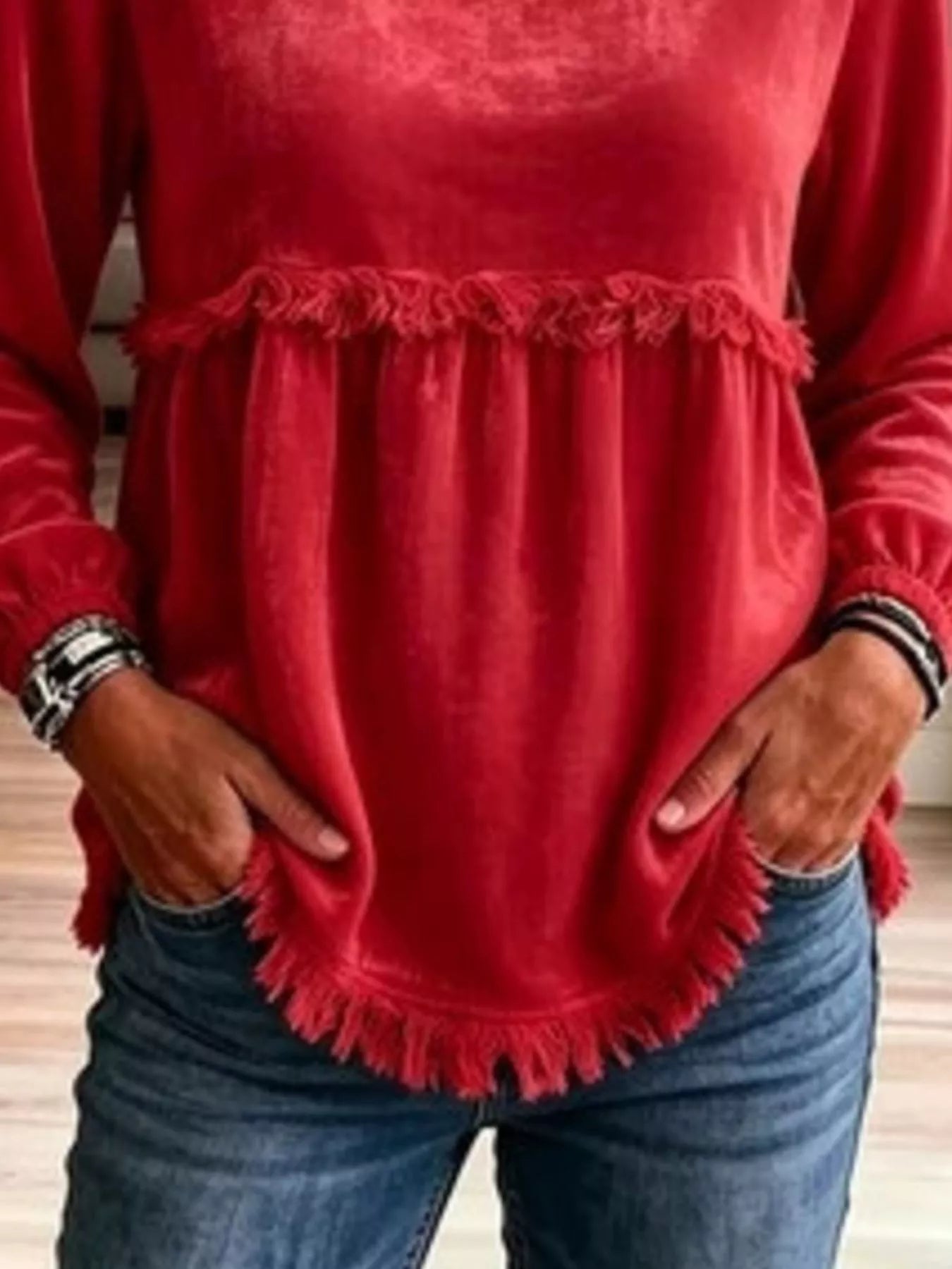 Trendsi Fringed Hem Long Sleeve T-Shirt -