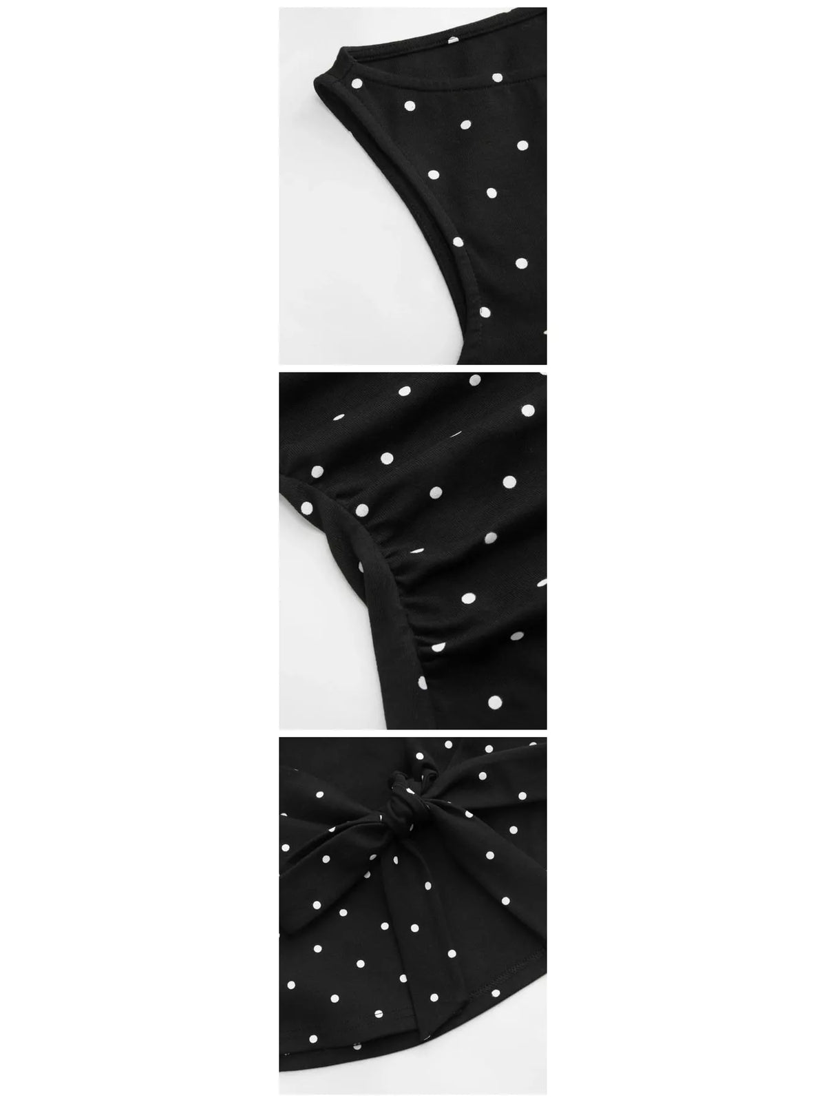 Polka Dot Print Sleeveless Tank Top with Tie Back, detail view in black and white