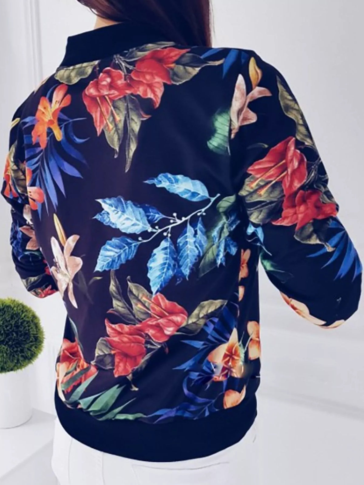 Navy tropical floral printed zip-up bomber jacket — back view
