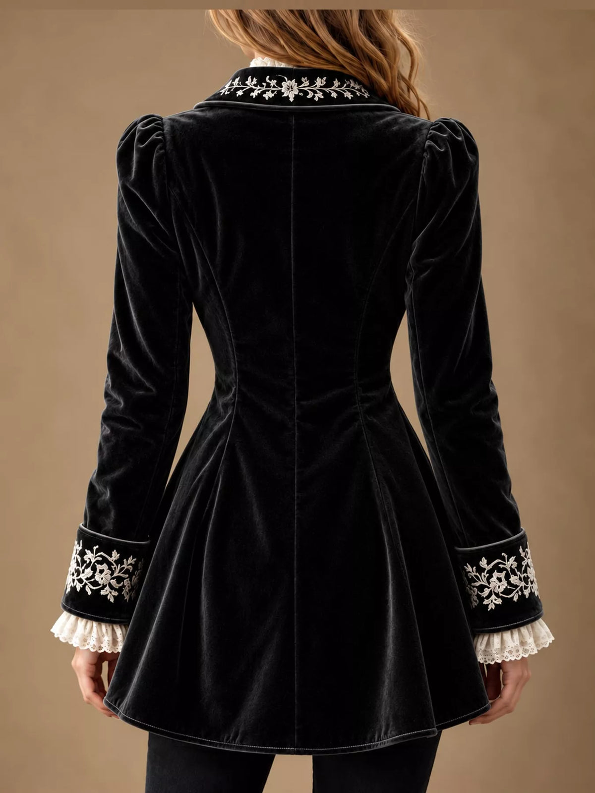 Black embroidered velvet peplum blazer — back view