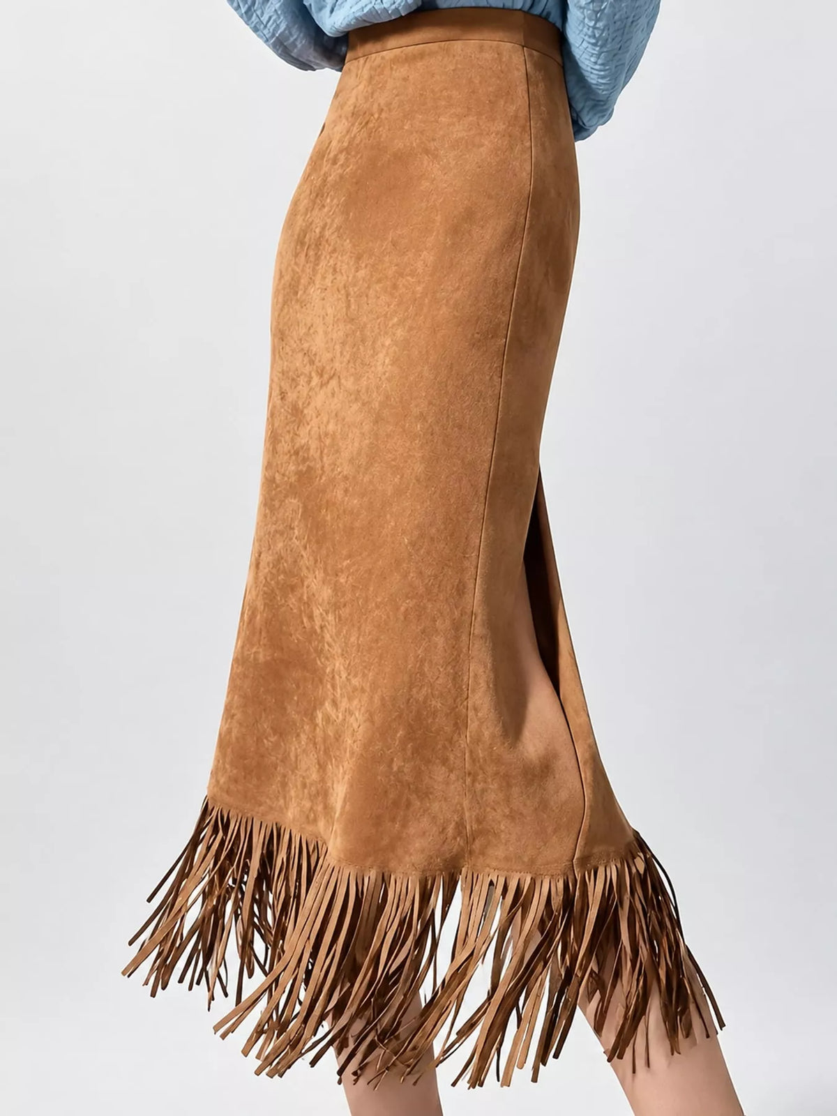 Camel fringe midi skirt, side view