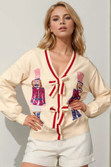 Trendsi Double Take Full Size Nutcracker Sequin Bow Decor Cardigan -