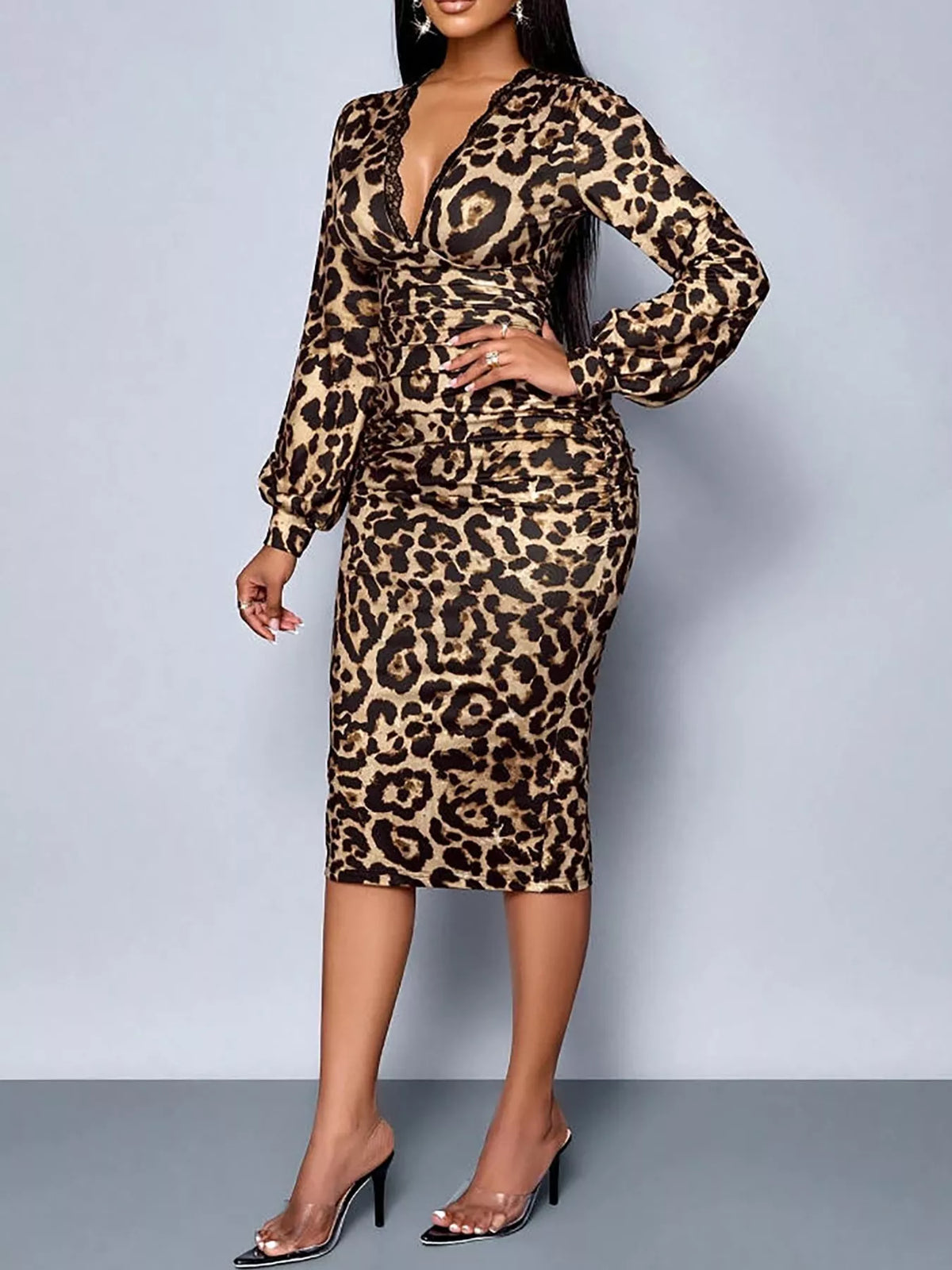 Women's Lace Detail V-Neck Bodycon Midi Dress in tan leopard — front view